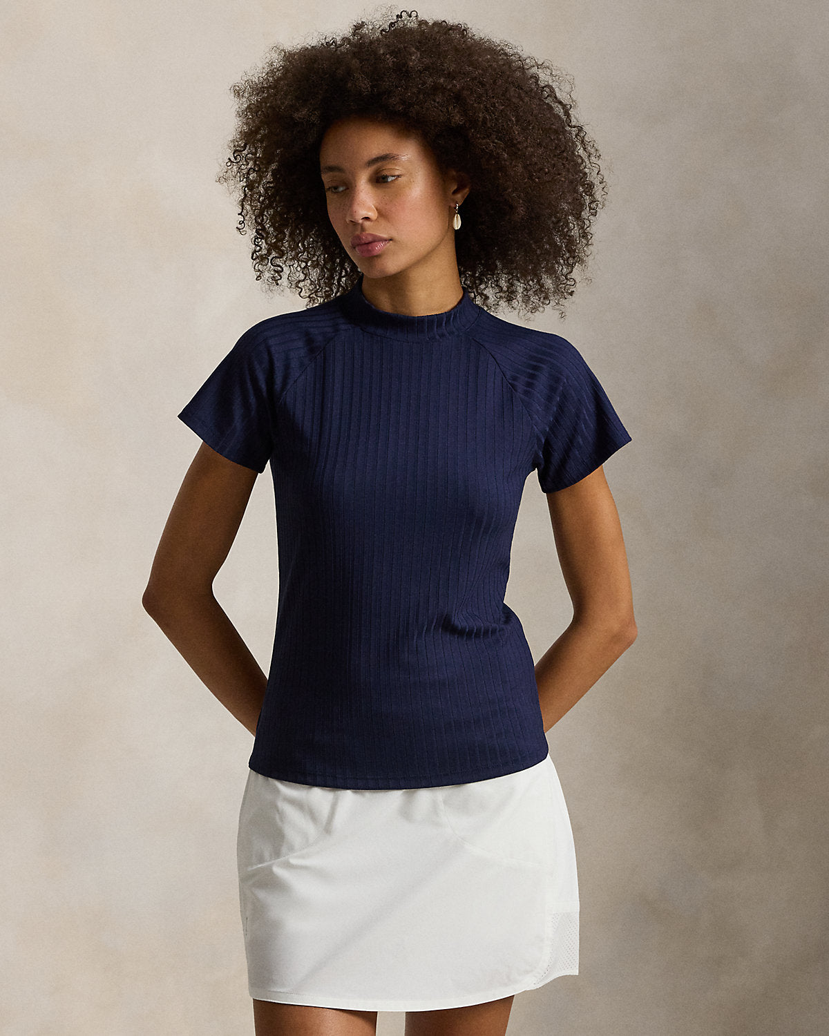 Ribbed Short-Sleeve Mockneck