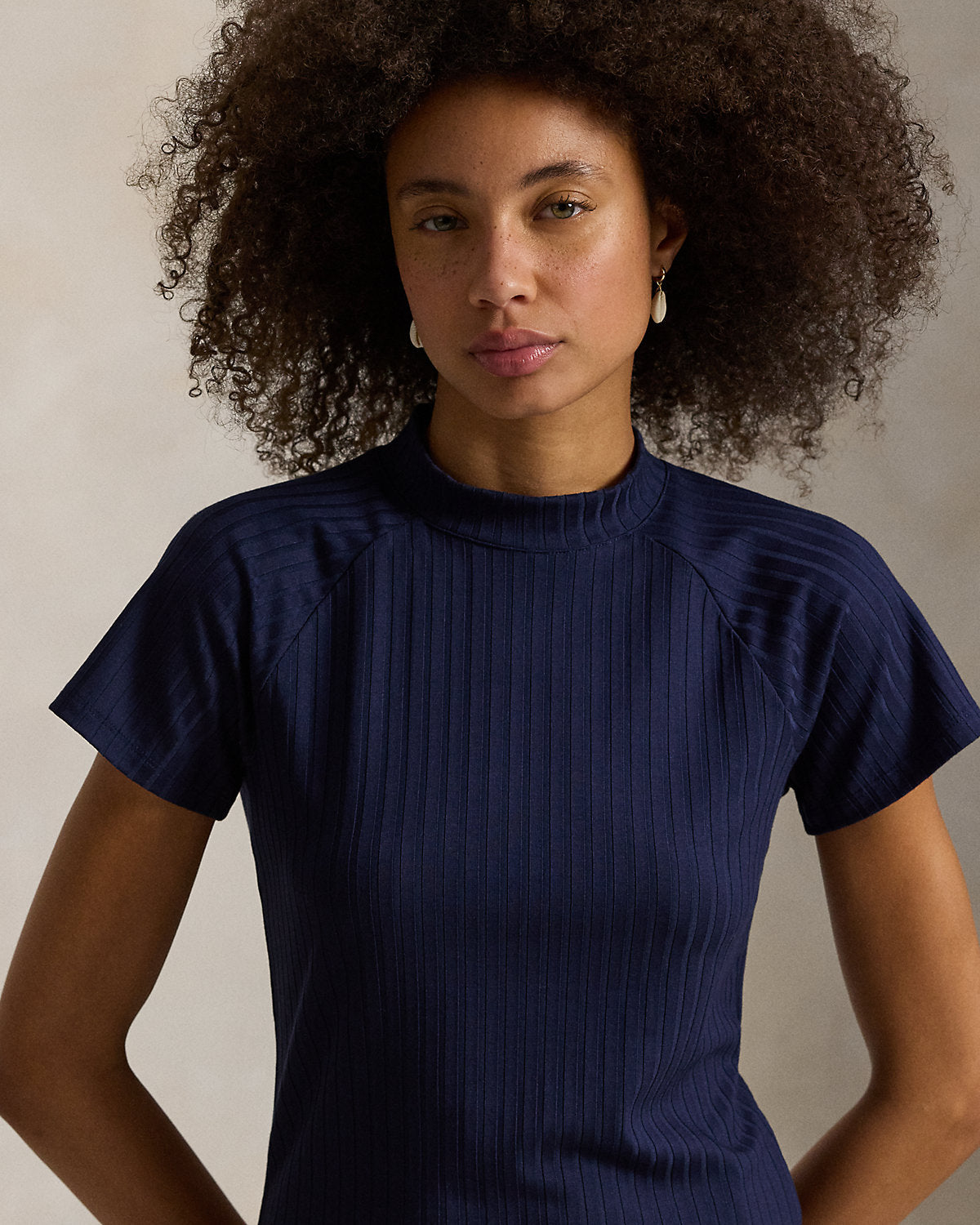 Ribbed Short-Sleeve Mockneck