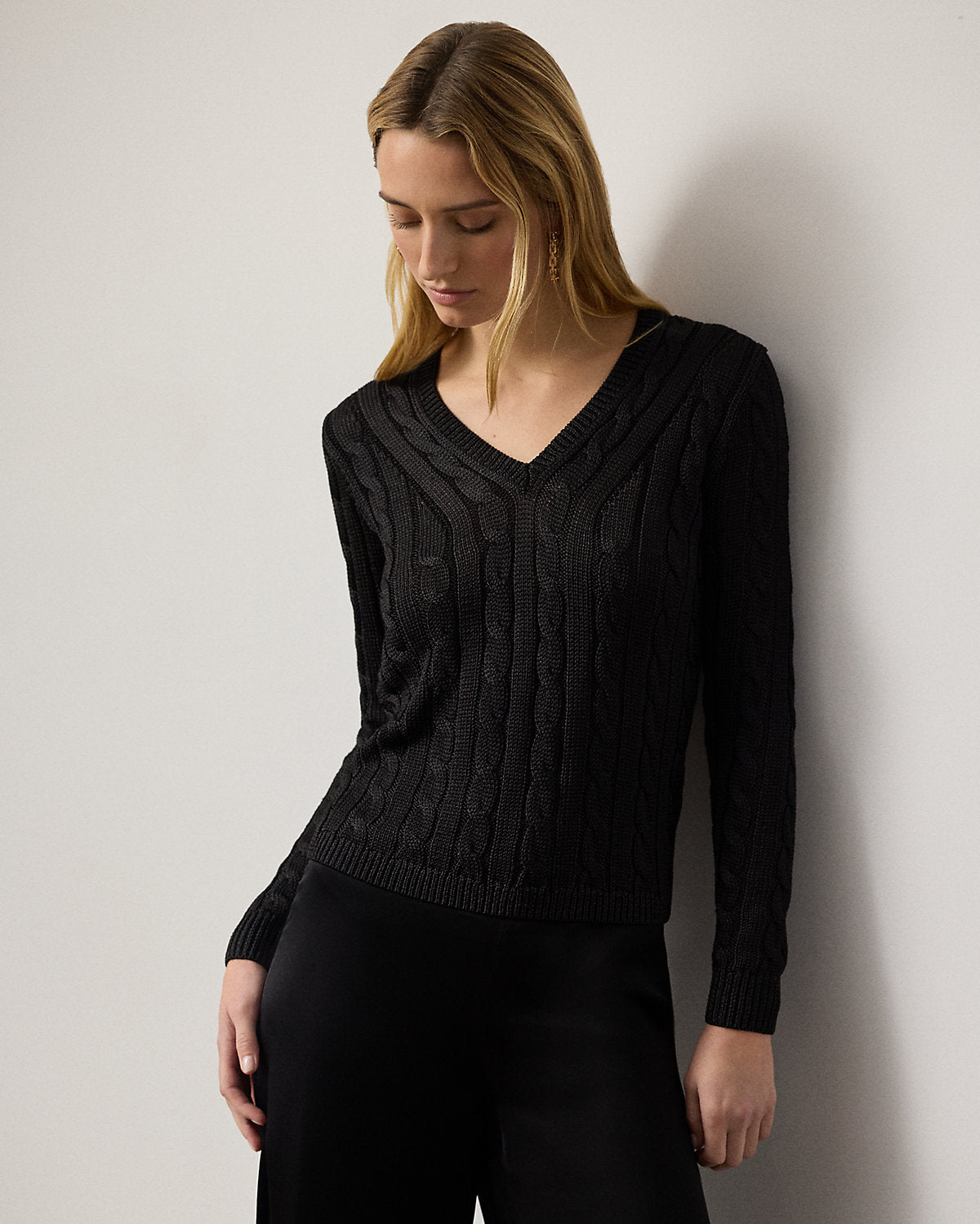 Cable-Knit Silk V-Neck Sweater
