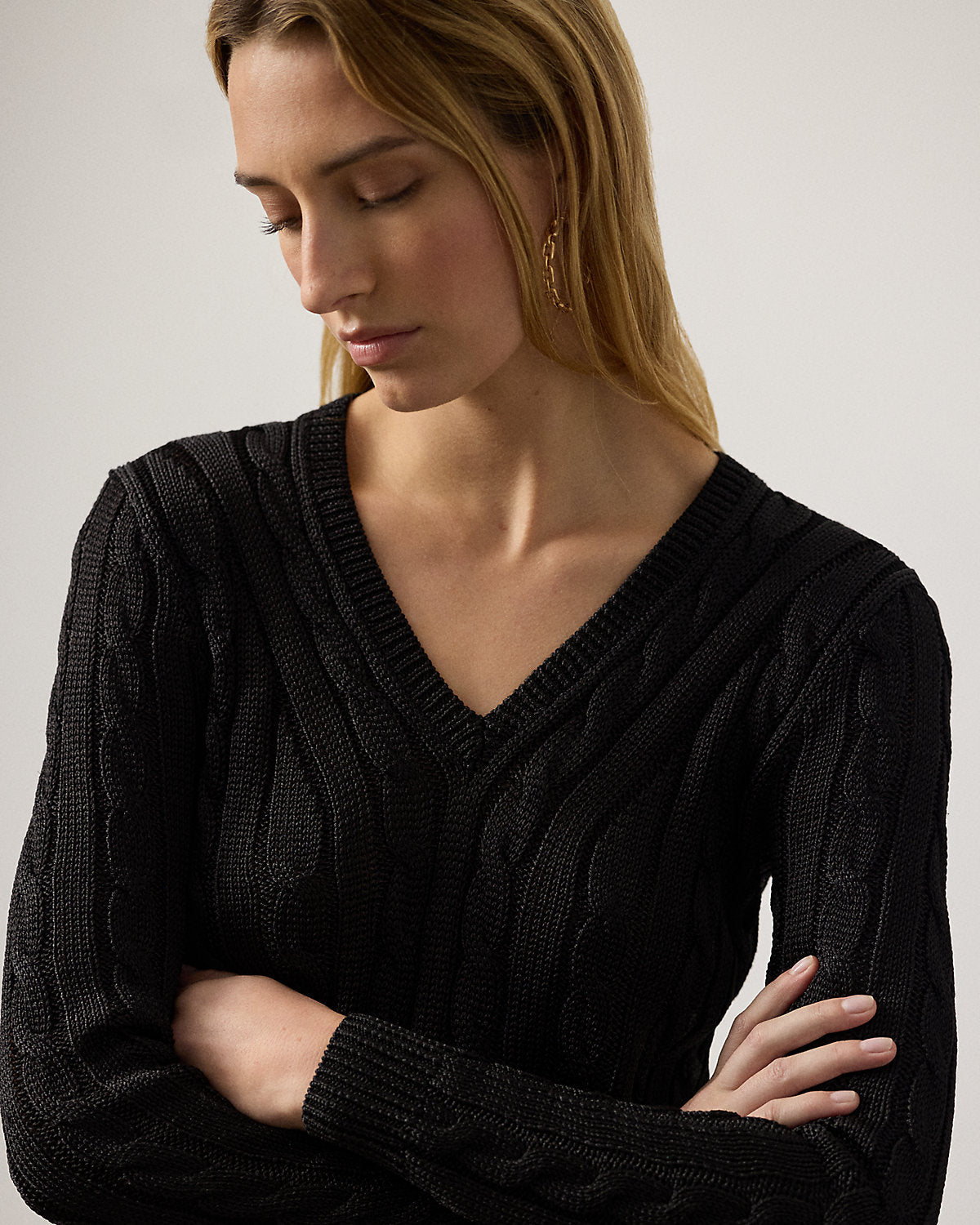 Cable-Knit Silk V-Neck Sweater