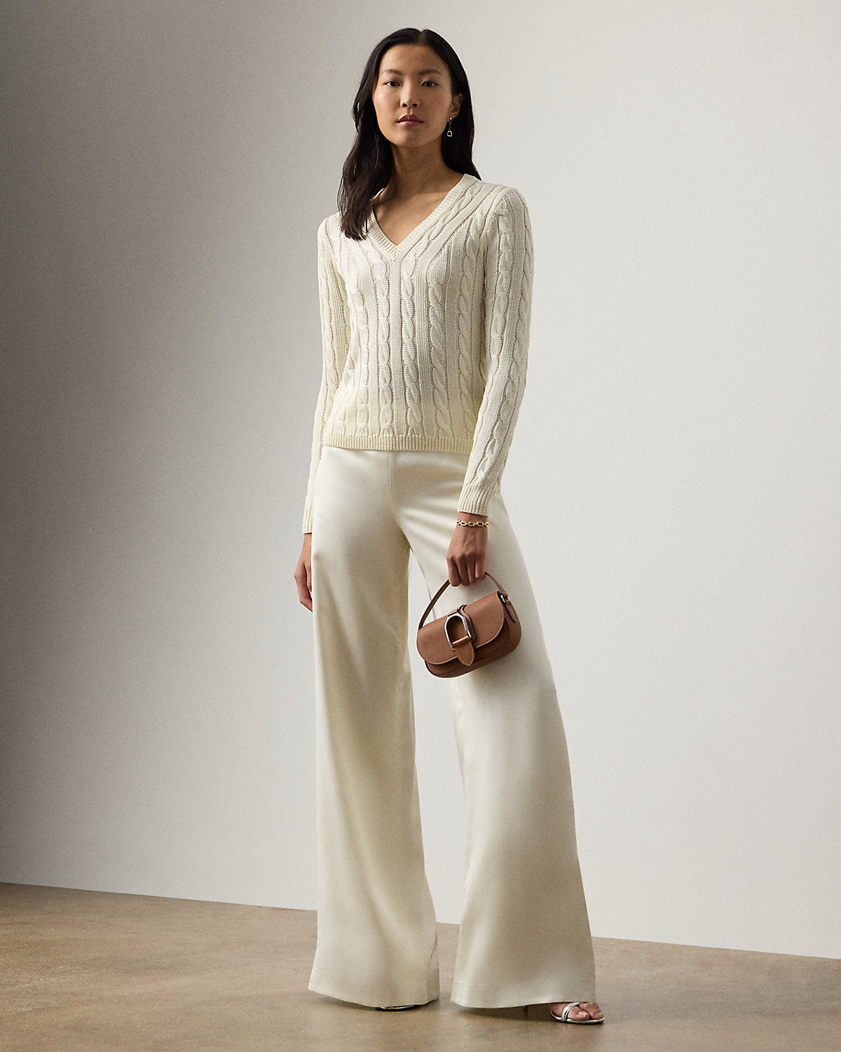 Cable-Knit Silk V-Neck Sweater