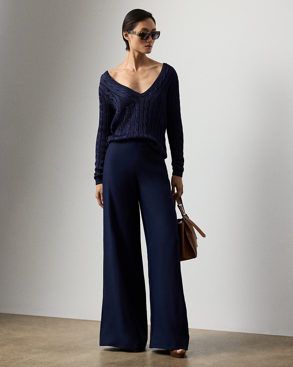 Cable-Knit Silk V-Neck Sweater