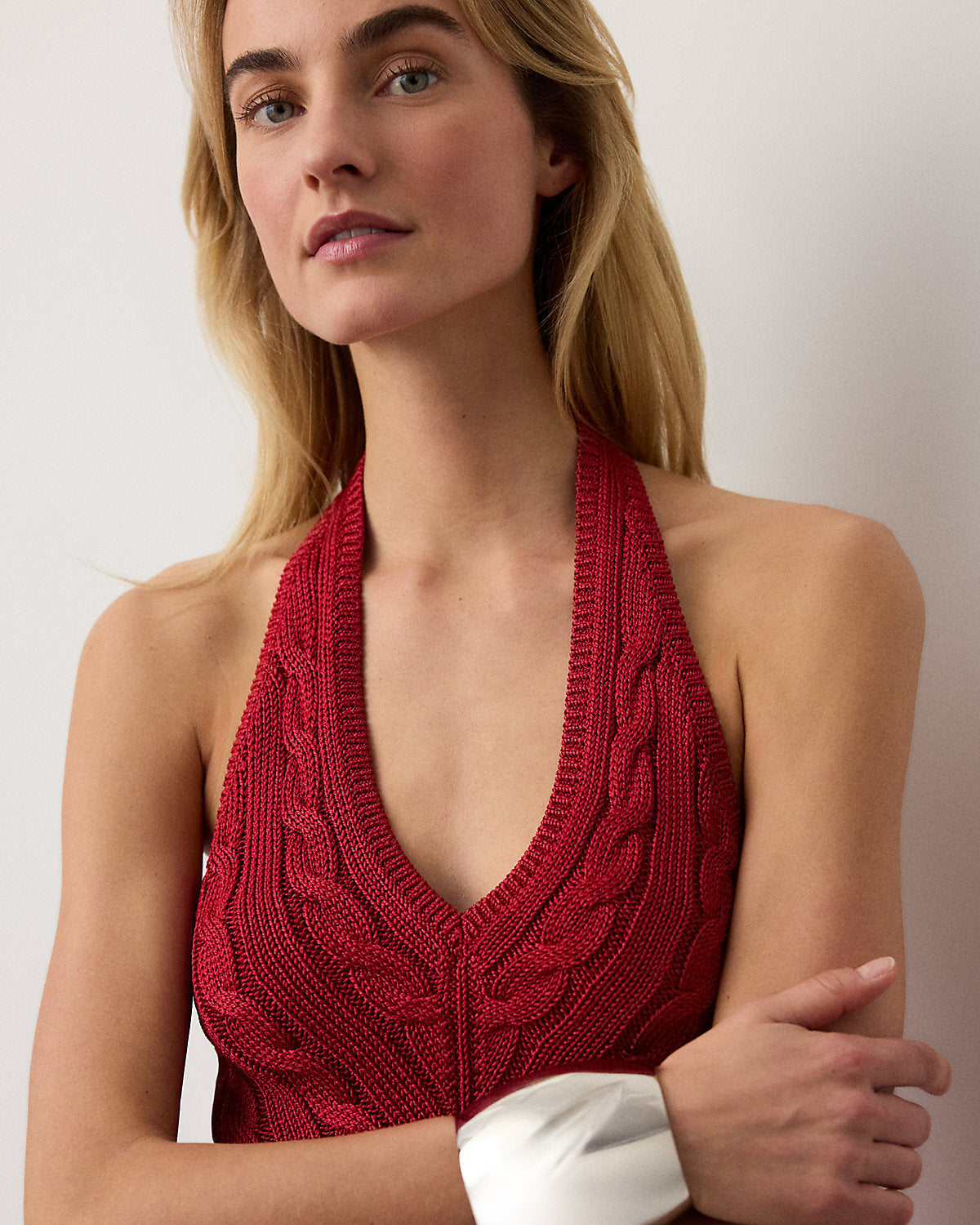 Cable-Knit Silk Halter Sweater