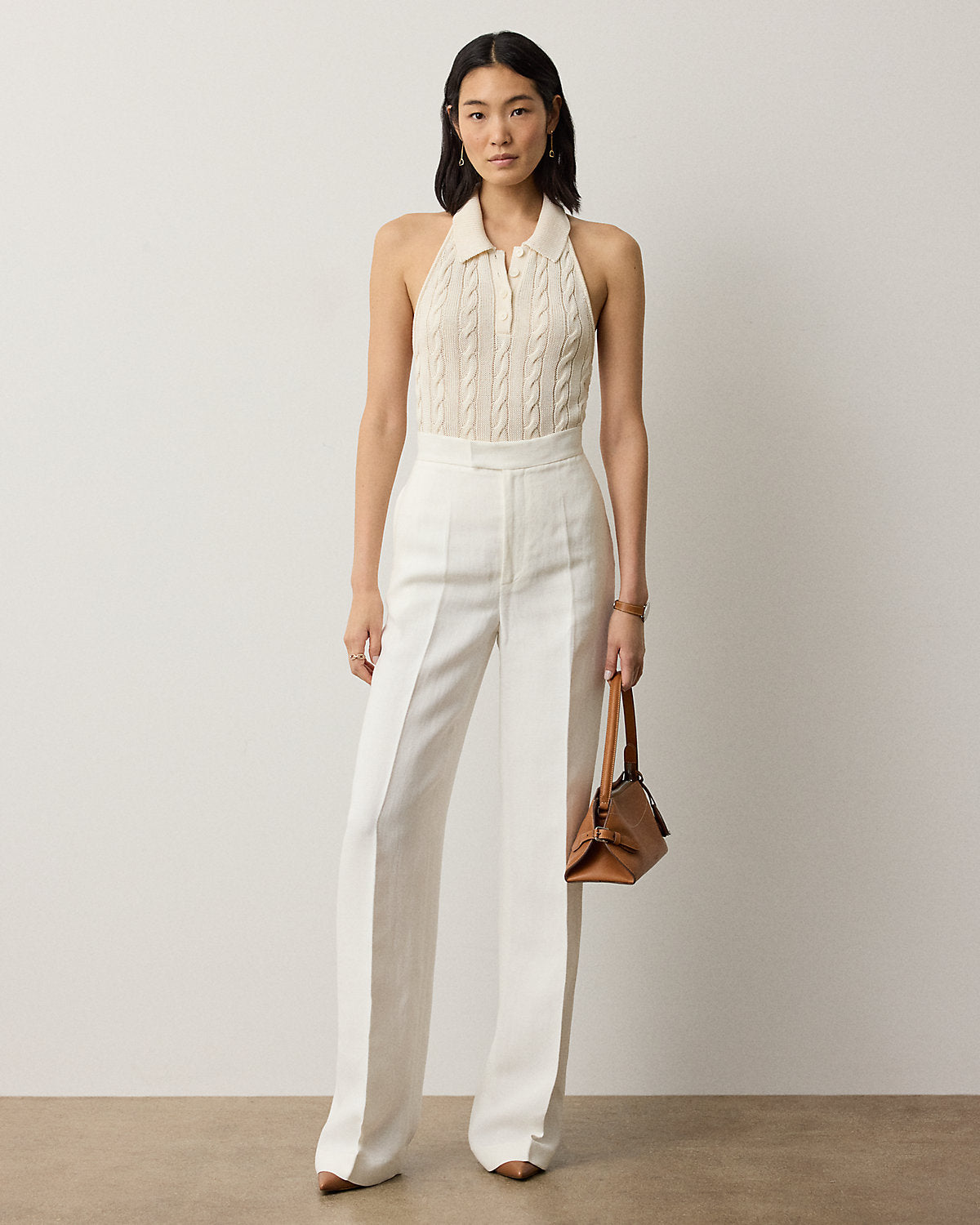 Cable-Knit Halter Polo Sweater
