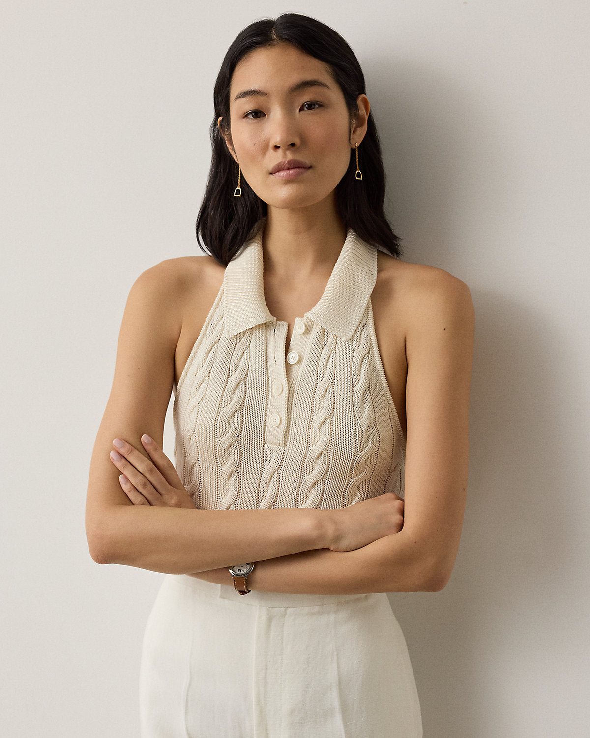 Cable-Knit Halter Polo Sweater