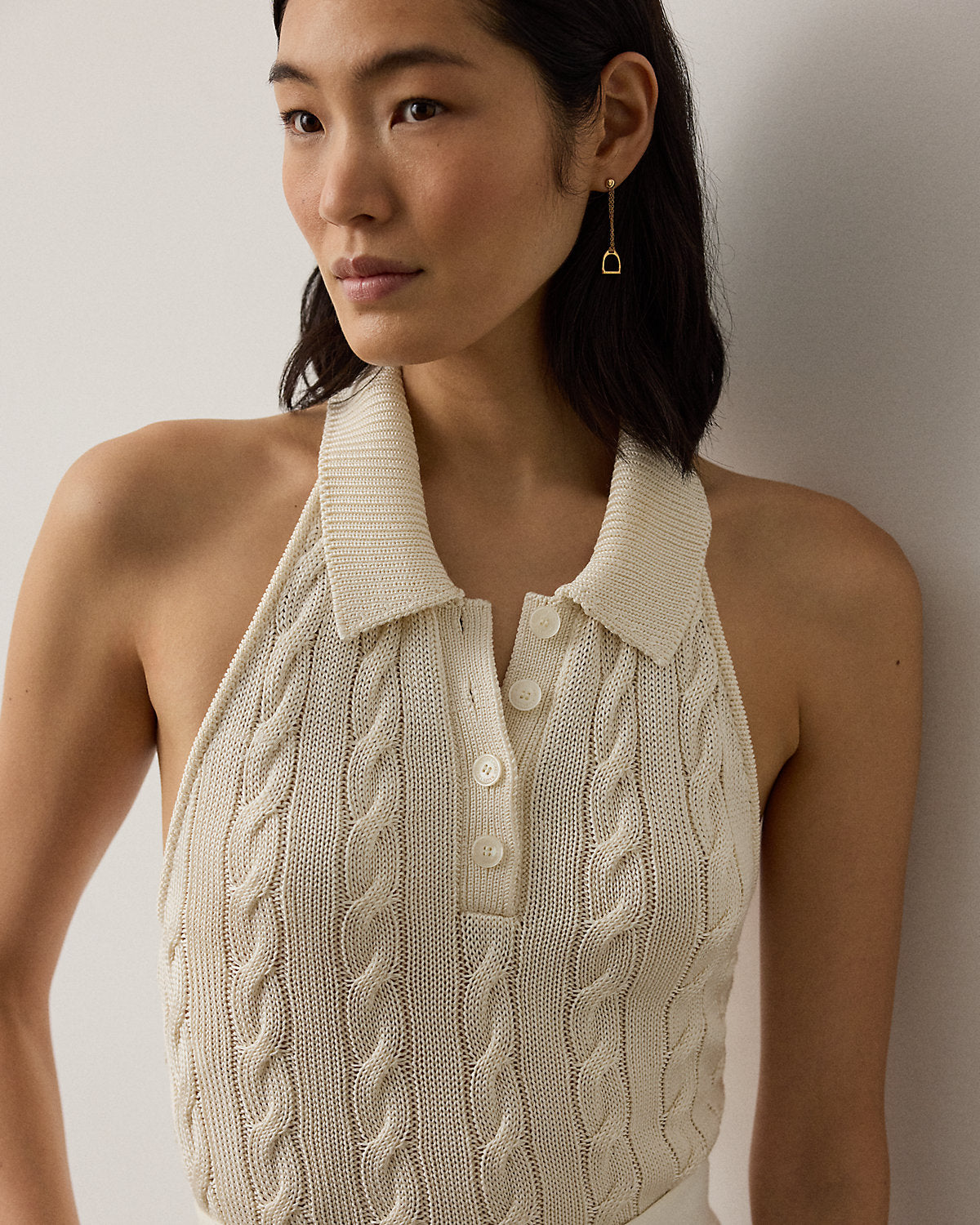 Cable-Knit Halter Polo Sweater