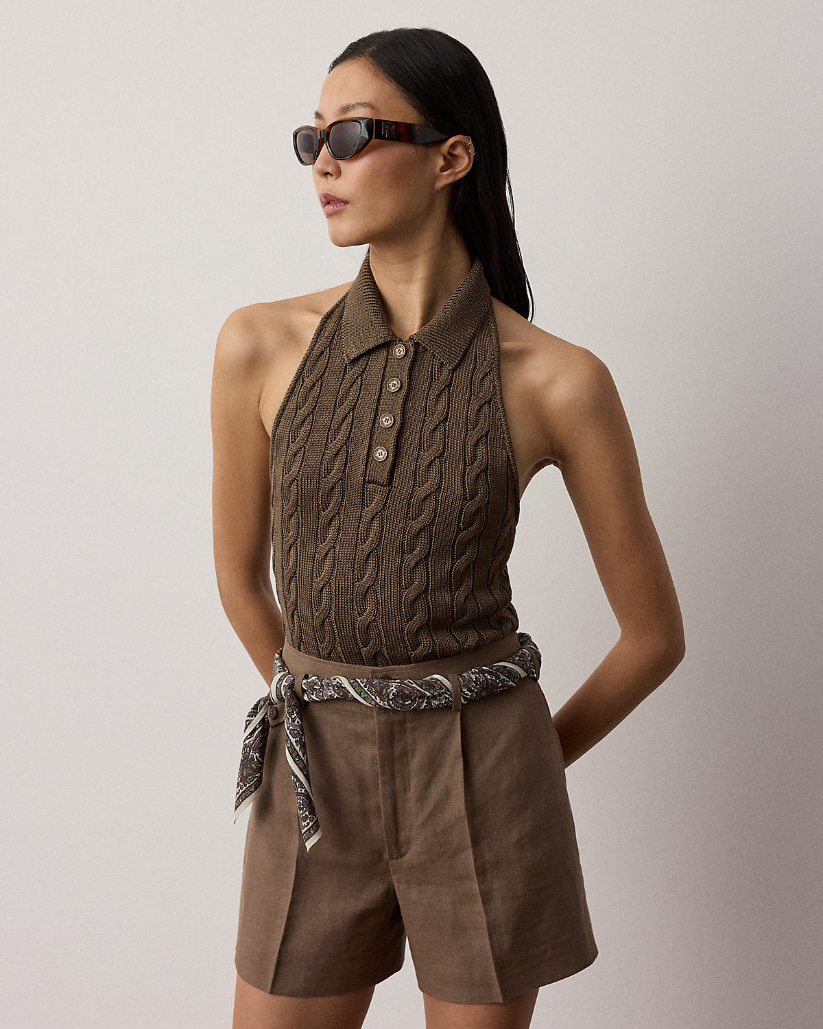 Cable-Knit Halter Polo Sweater