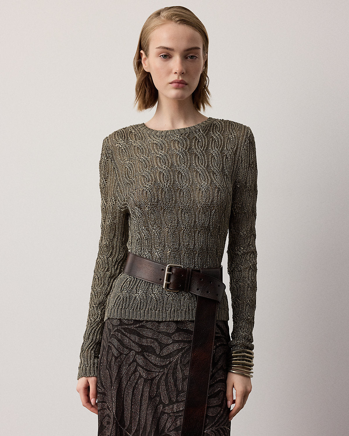 Metallic Cable-Knit Crewneck Sweater