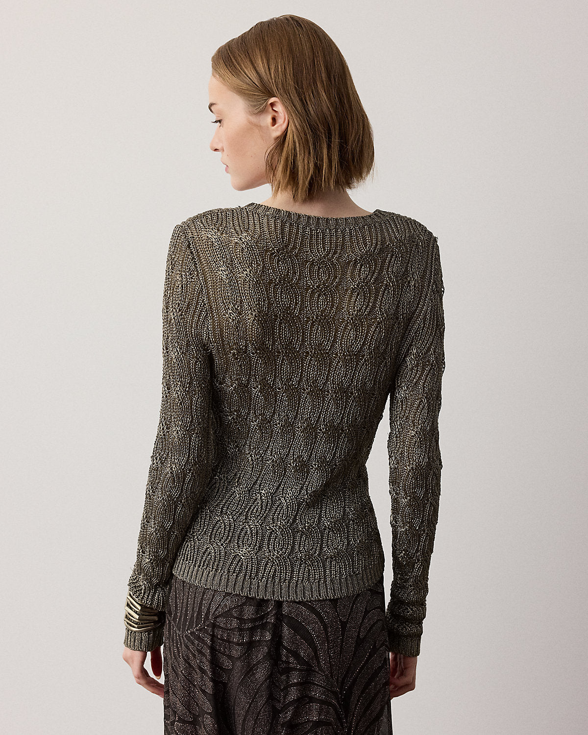 Metallic Cable-Knit Crewneck Sweater
