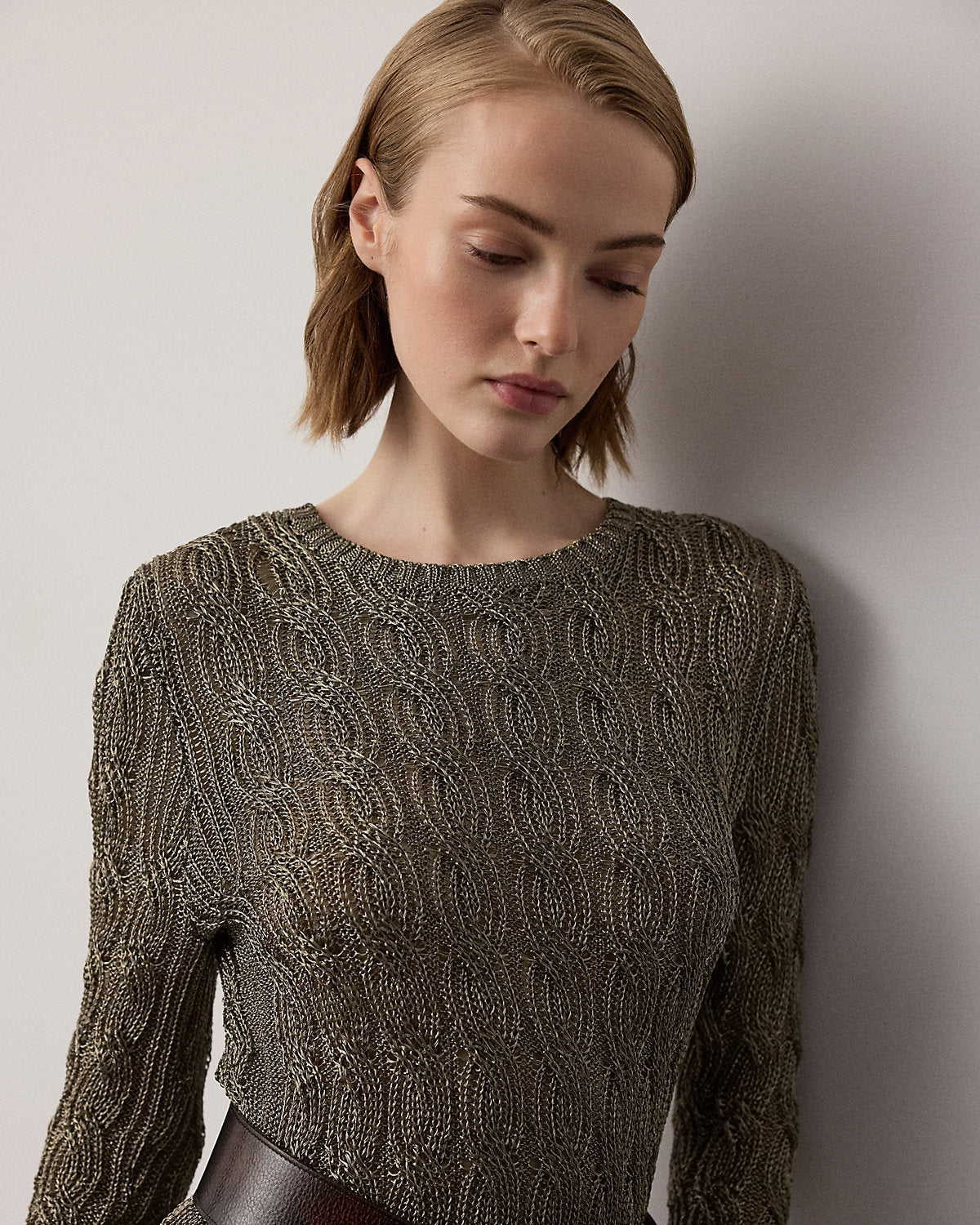 Metallic Cable-Knit Crewneck Sweater
