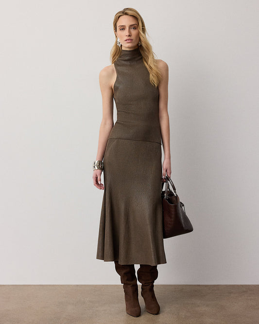 Adrianna Foiled Rib-Knit Sweater Skirt