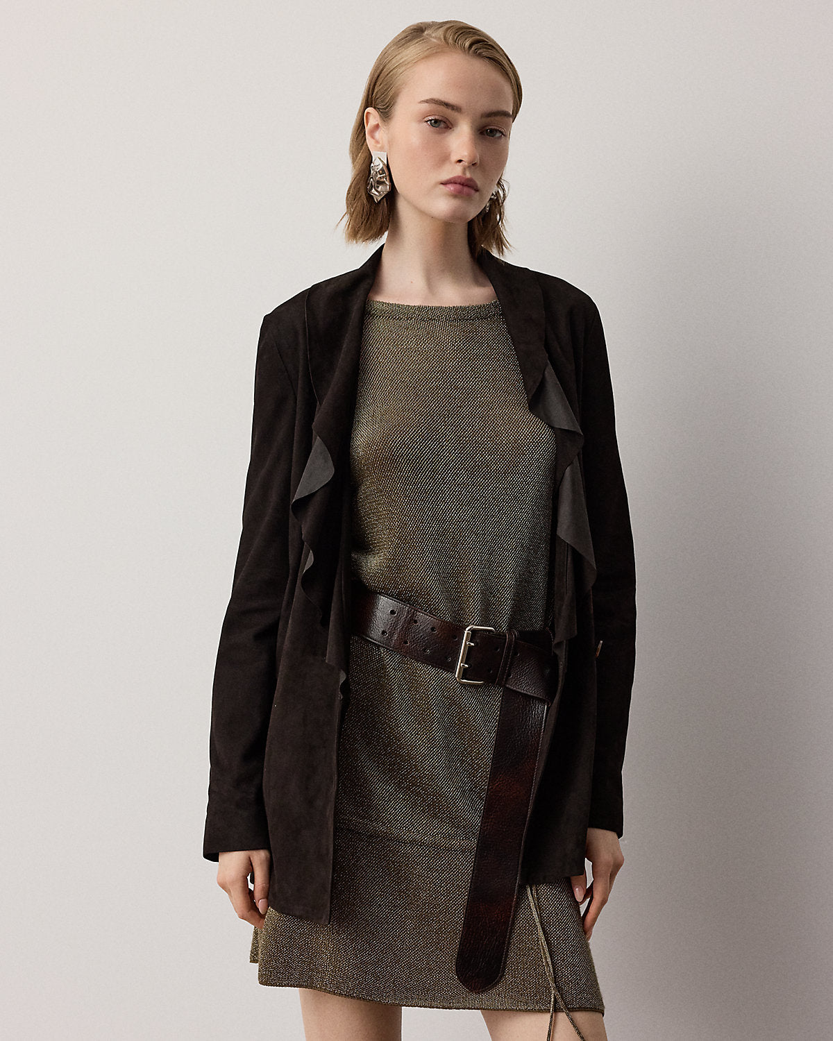Heddie Ruffle-Trim Lamb-Suede Jacket
