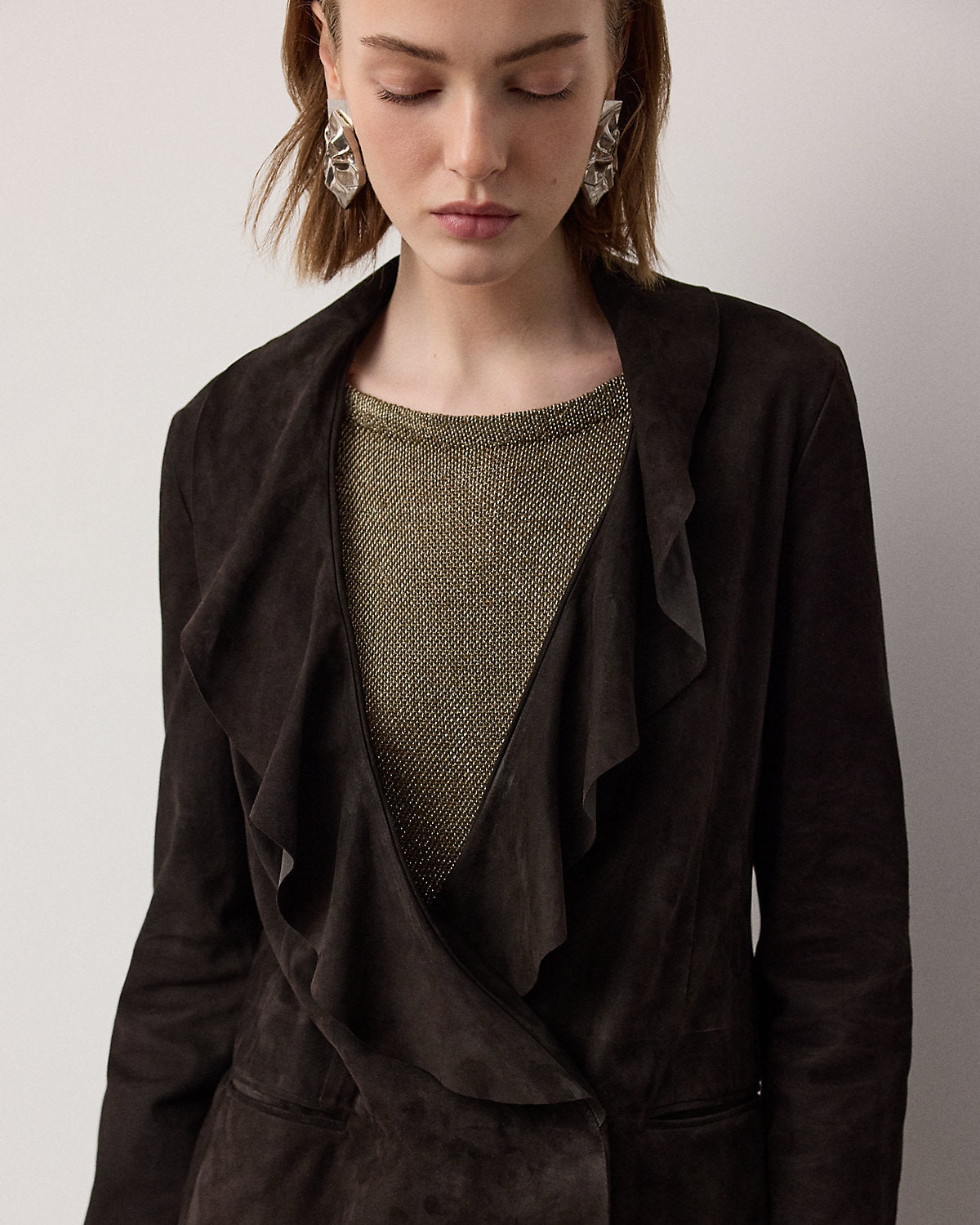 Heddie Ruffle-Trim Lamb-Suede Jacket