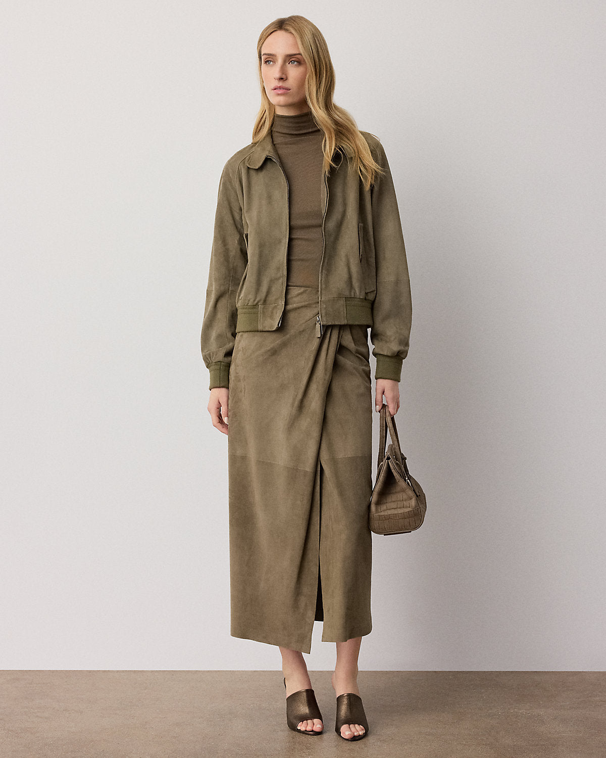 Teegan Twist-Front Lamb-Suede Skirt