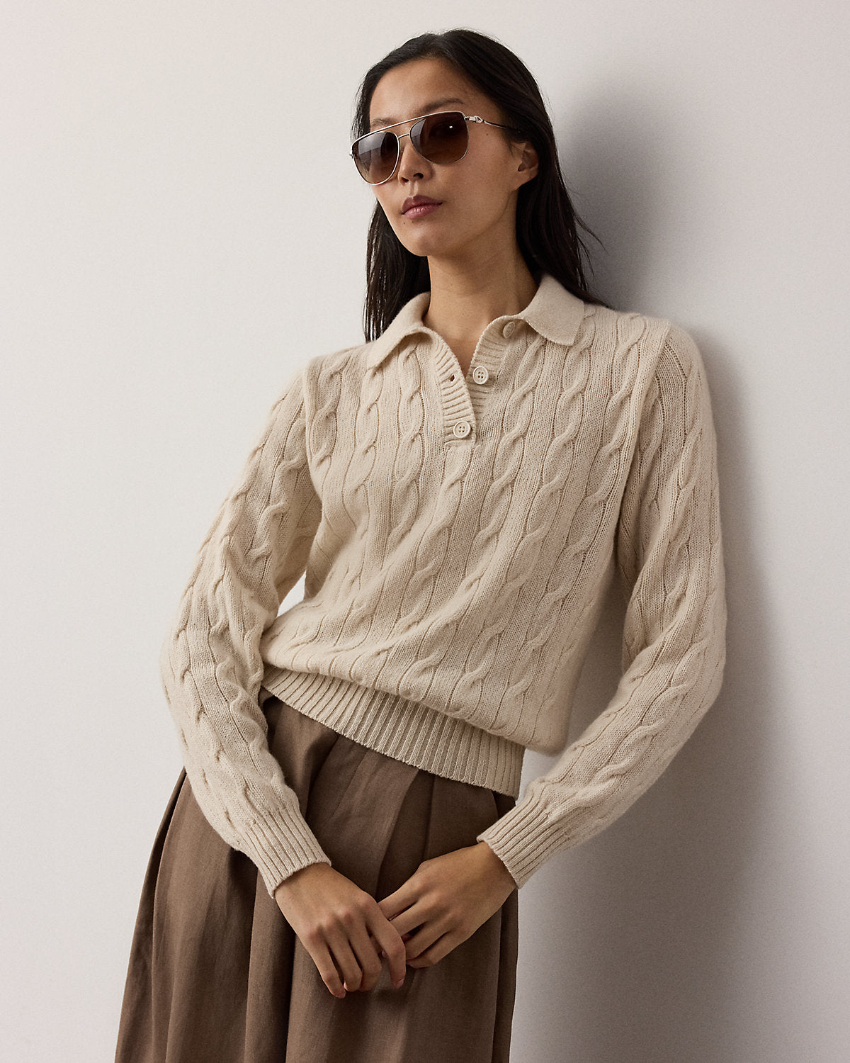 Cable-Knit Cashmere Polo Sweater