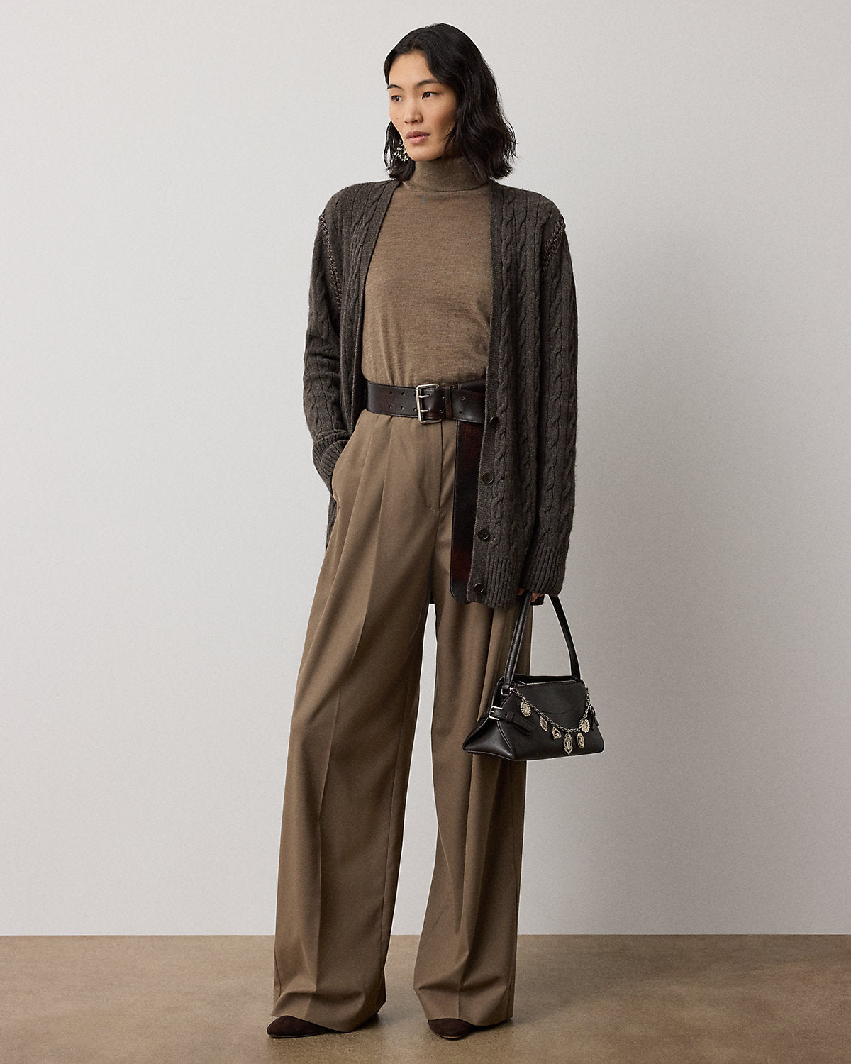 Chain-Trim Cable Cashmere Cardigan
