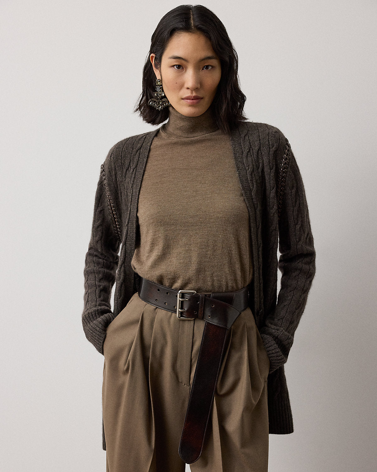 Chain-Trim Cable Cashmere Cardigan