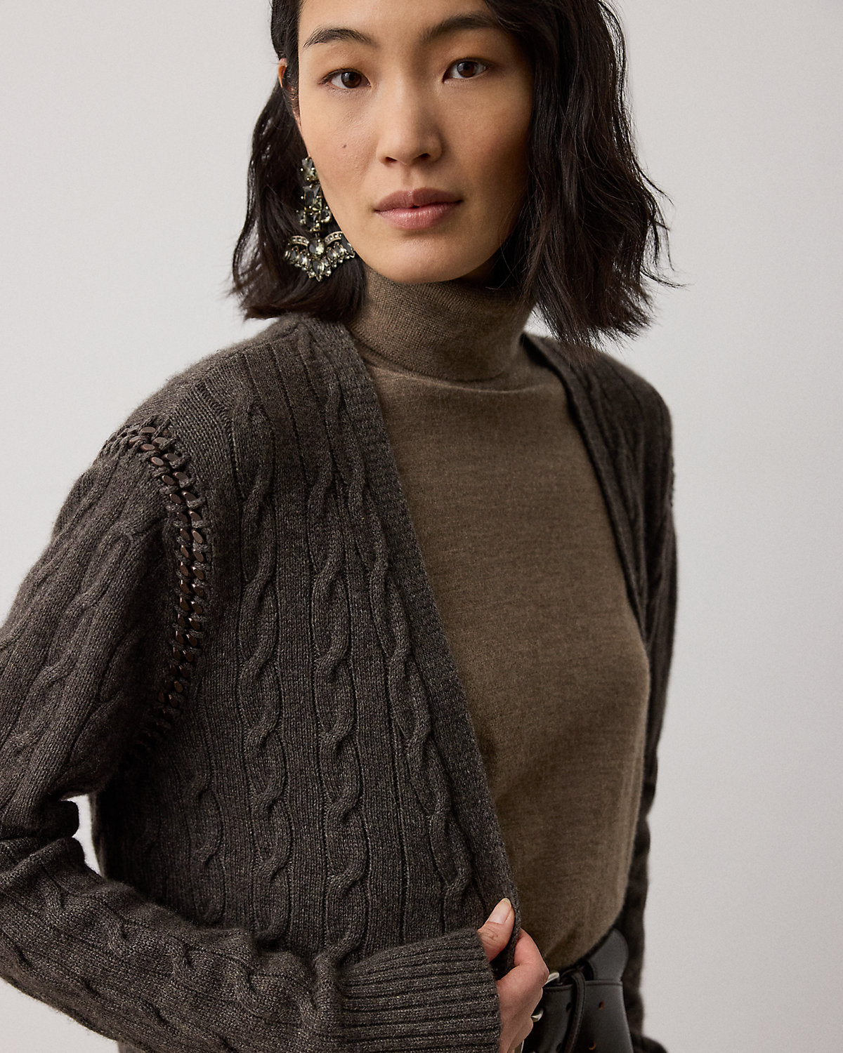 Chain-Trim Cable Cashmere Cardigan