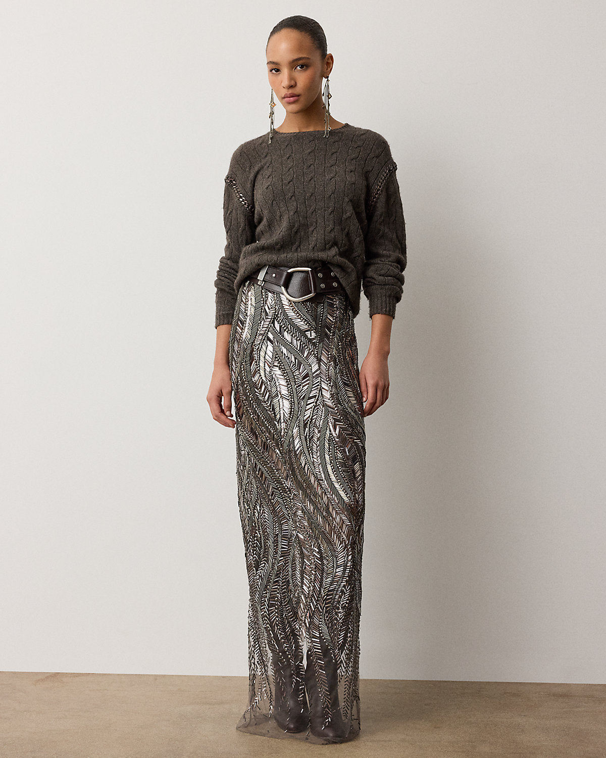 Chain-Trim Cable Cashmere Sweater