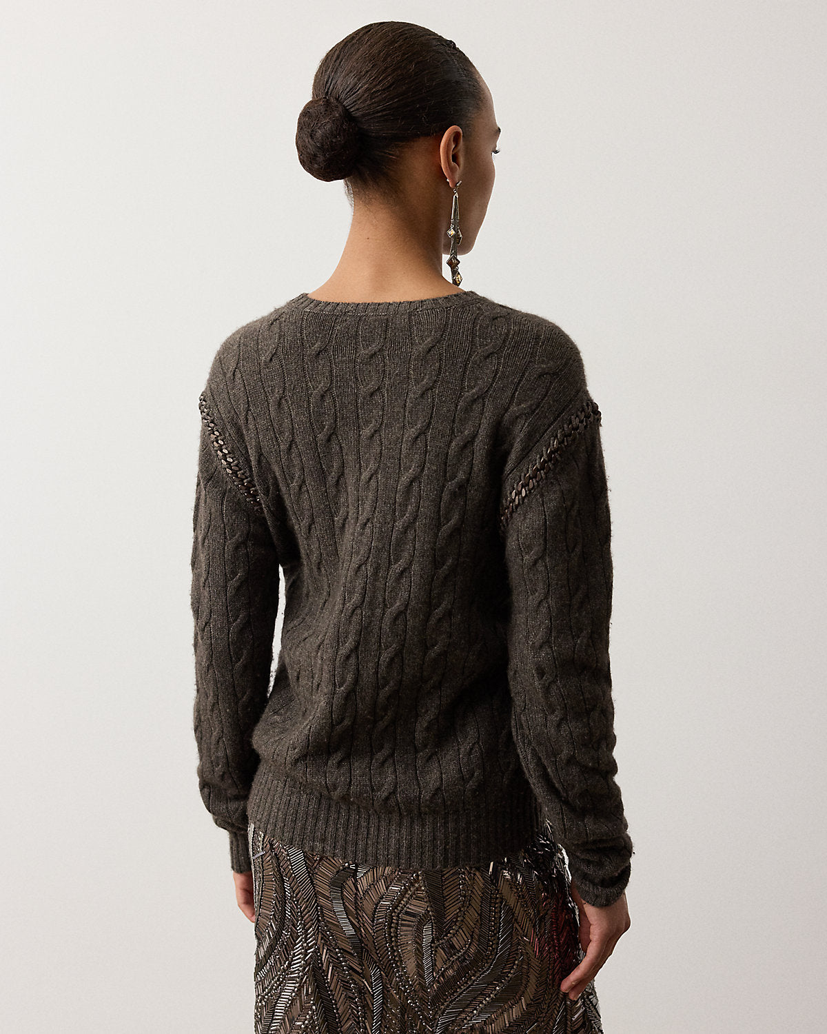 Chain-Trim Cable Cashmere Sweater