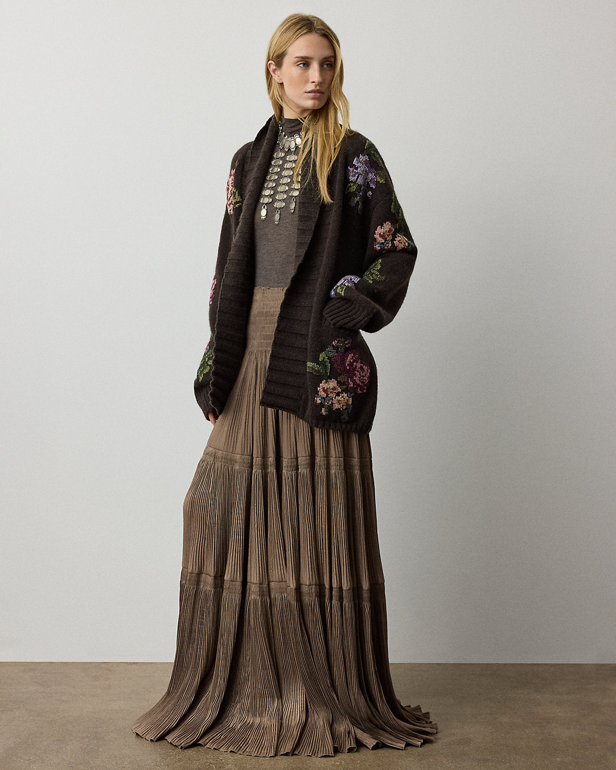 Floral Cashmere Shawl-Collar Cardigan