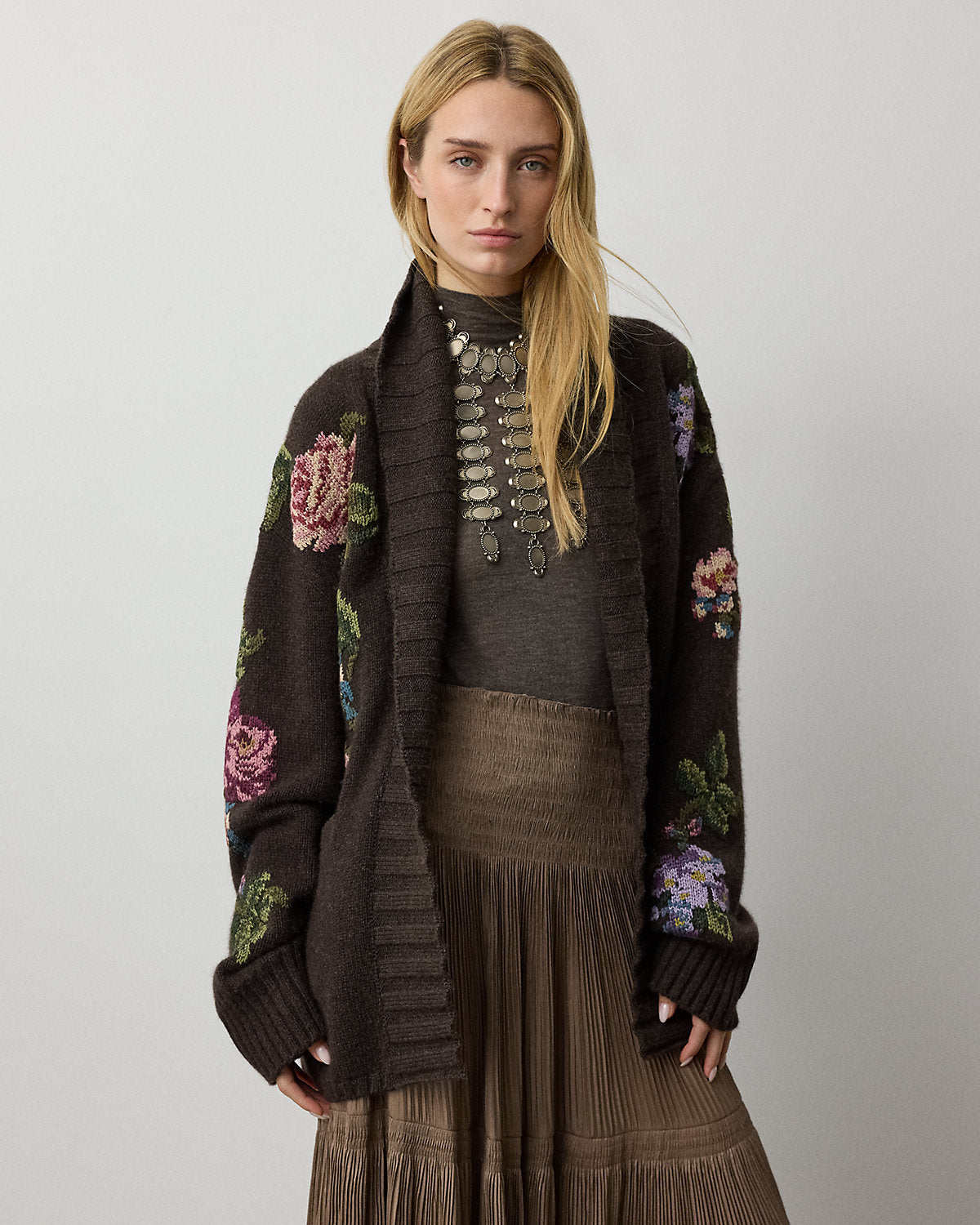 Floral Cashmere Shawl-Collar Cardigan