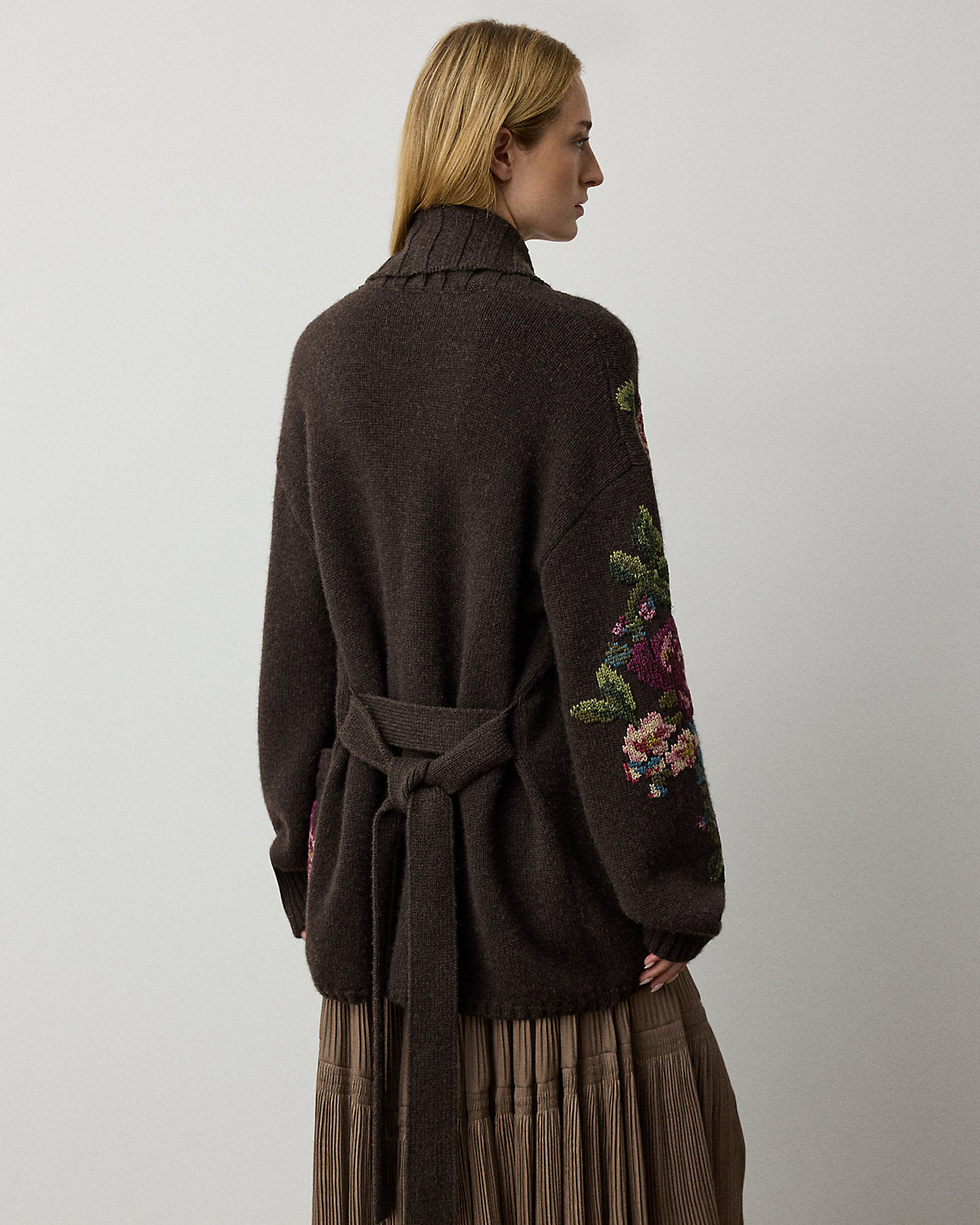 Floral Cashmere Shawl-Collar Cardigan