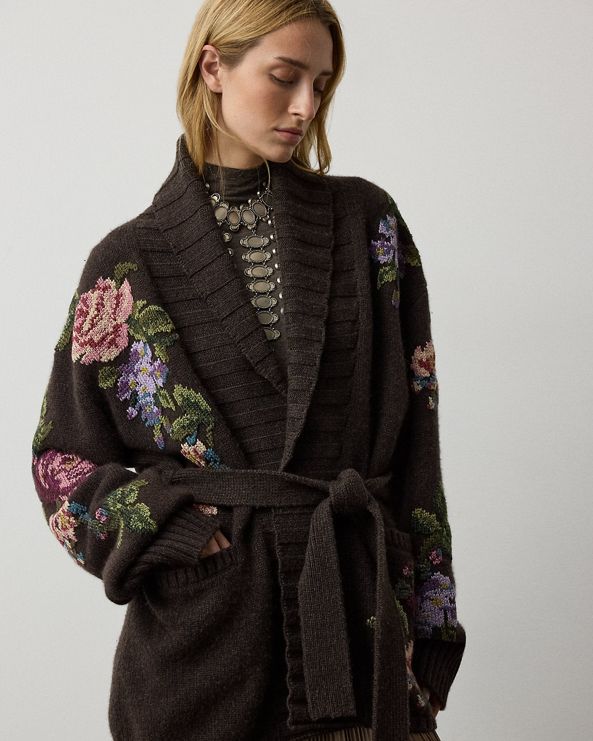 Floral Cashmere Shawl-Collar Cardigan
