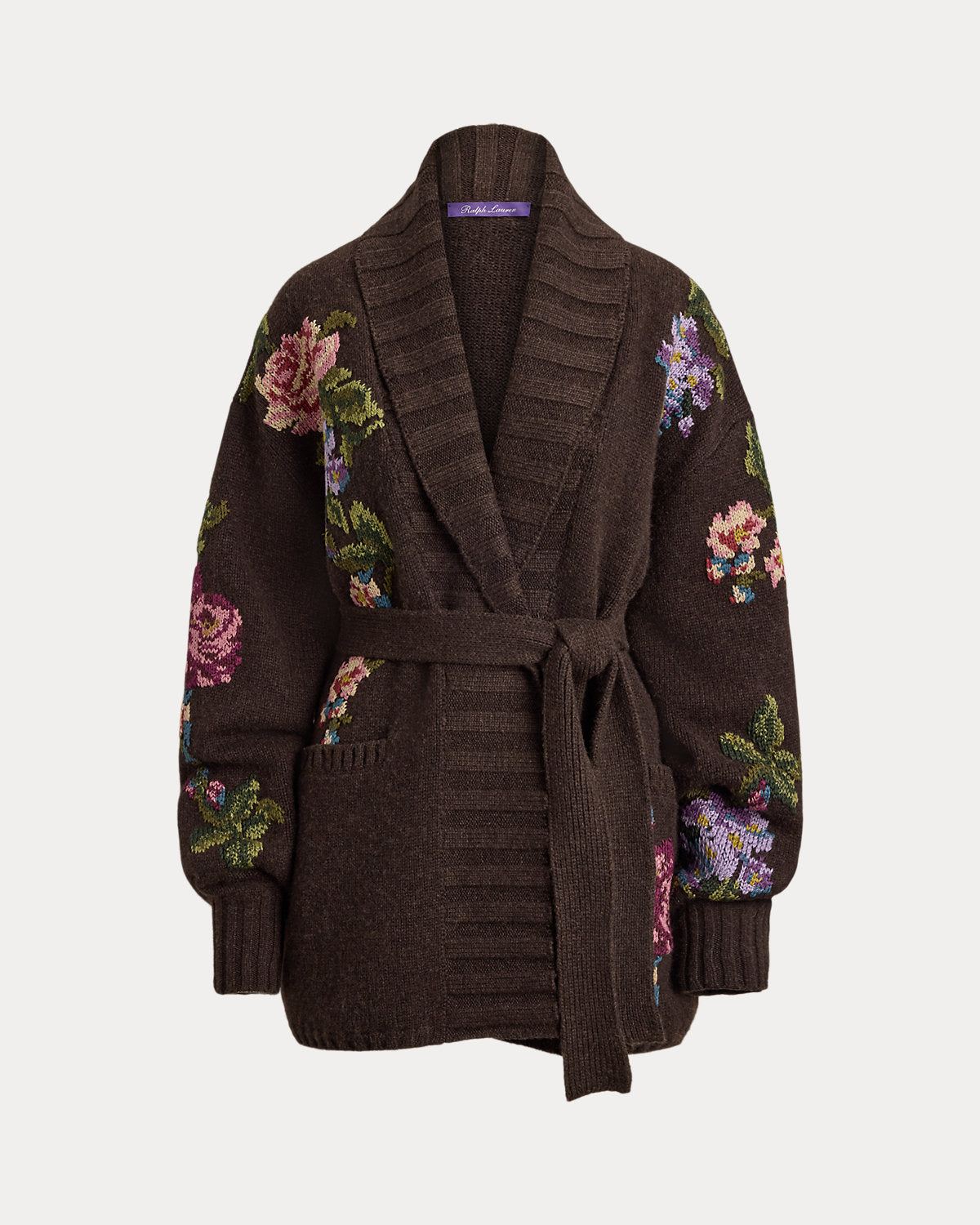 Floral Cashmere Shawl-Collar Cardigan