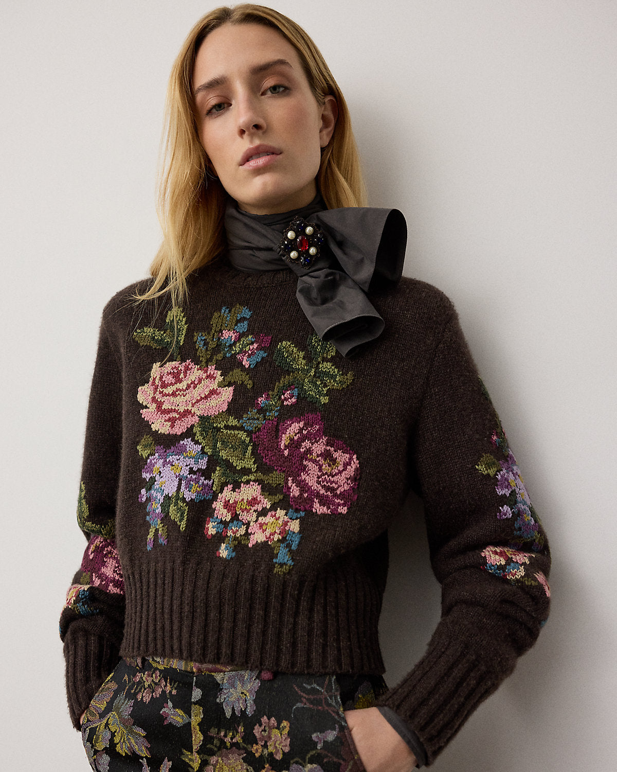 Floral Cashmere Crewneck Sweater