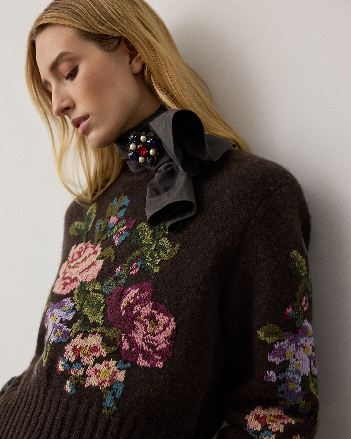 Floral Cashmere Crewneck Sweater