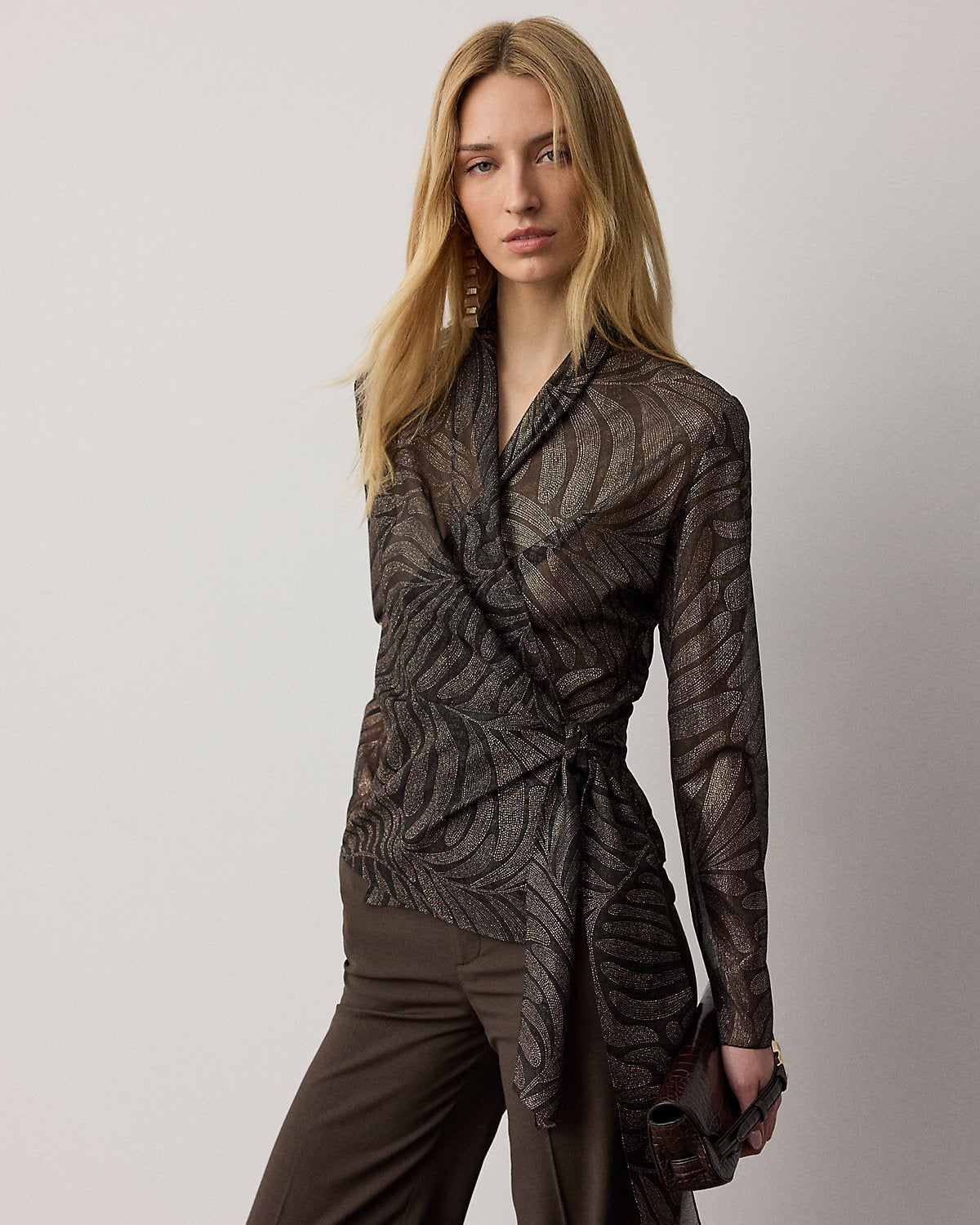 Shea Foiled Crinkle Chiffon Wrap Blouse