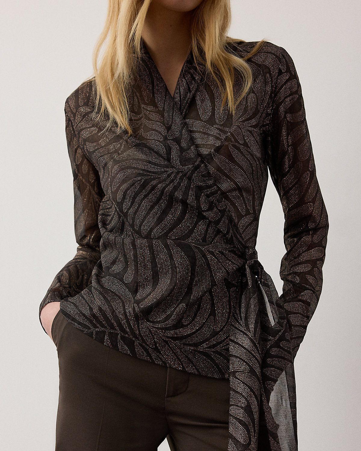 Shea Foiled Crinkle Chiffon Wrap Blouse