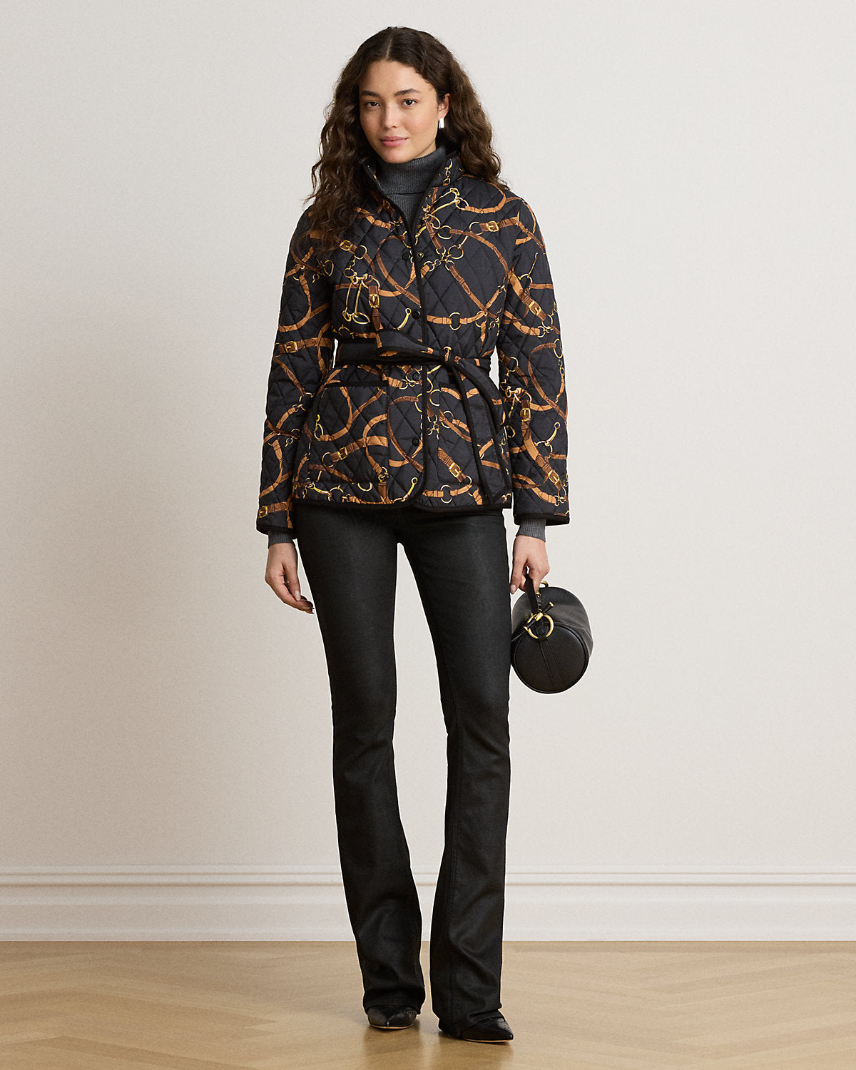Belting-Print Quilted Mockneck Jacket
