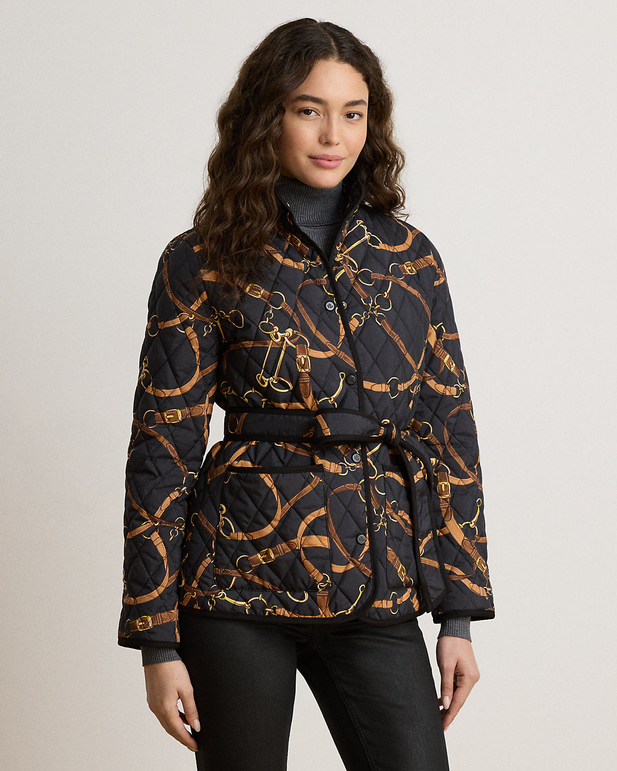 Belting-Print Quilted Mockneck Jacket