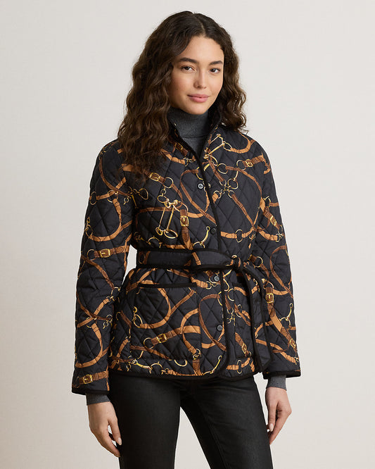 Belting-Print Quilted Mockneck Jacket