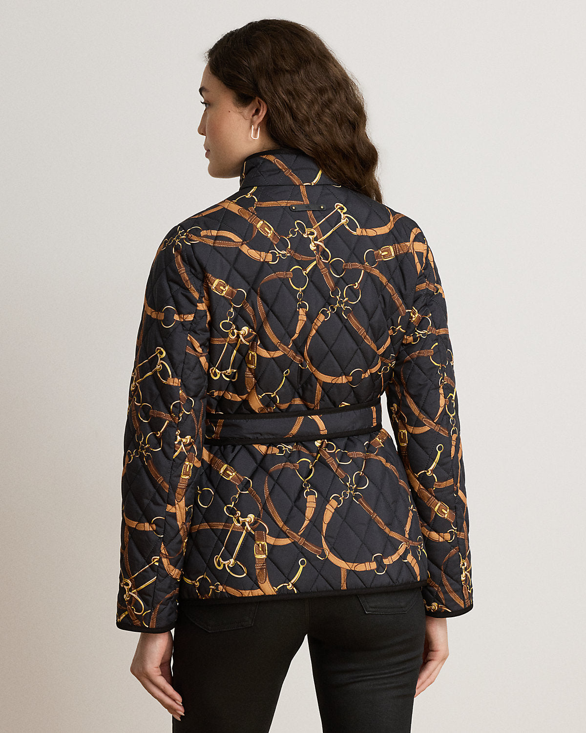 Belting-Print Quilted Mockneck Jacket