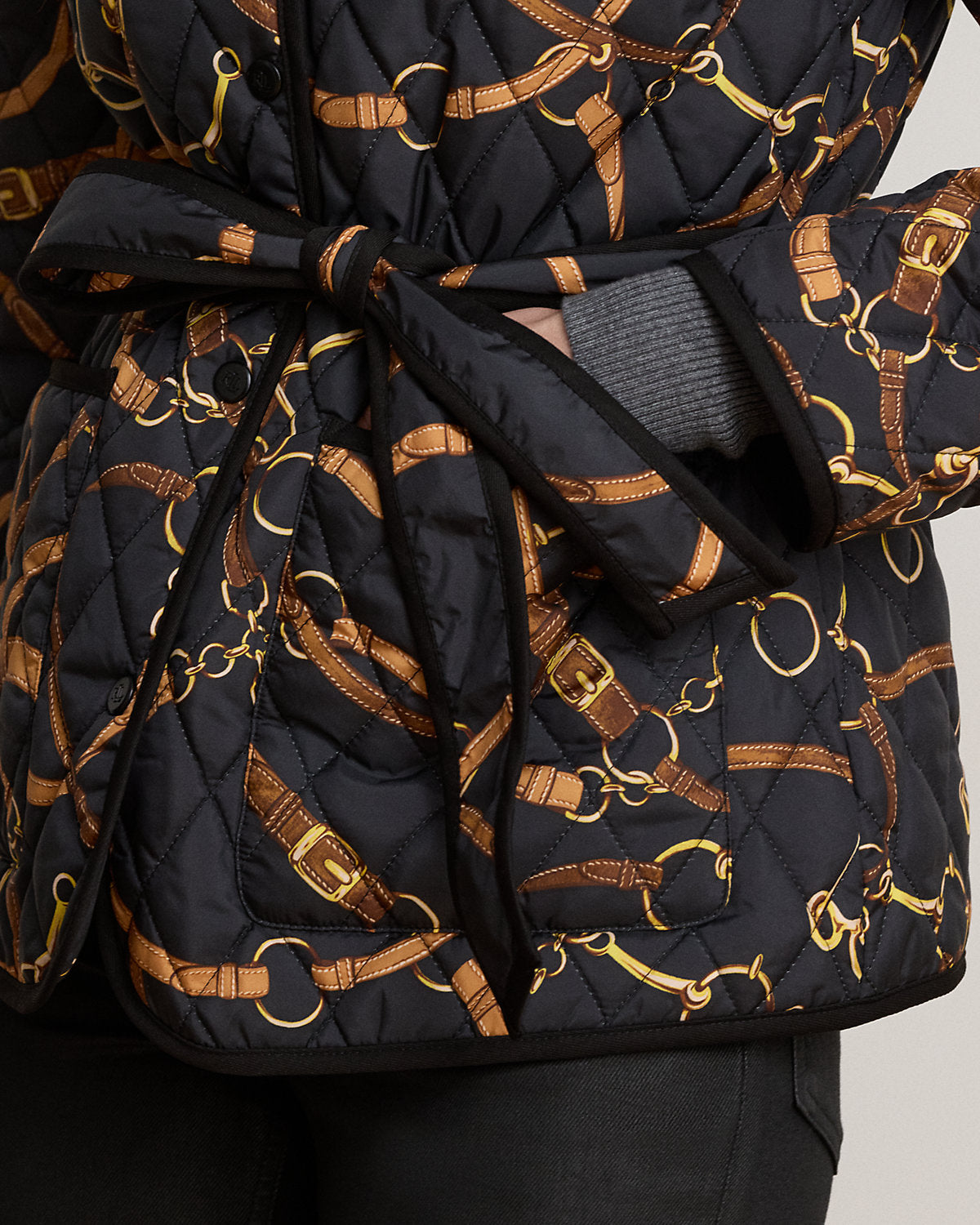Belting-Print Quilted Mockneck Jacket