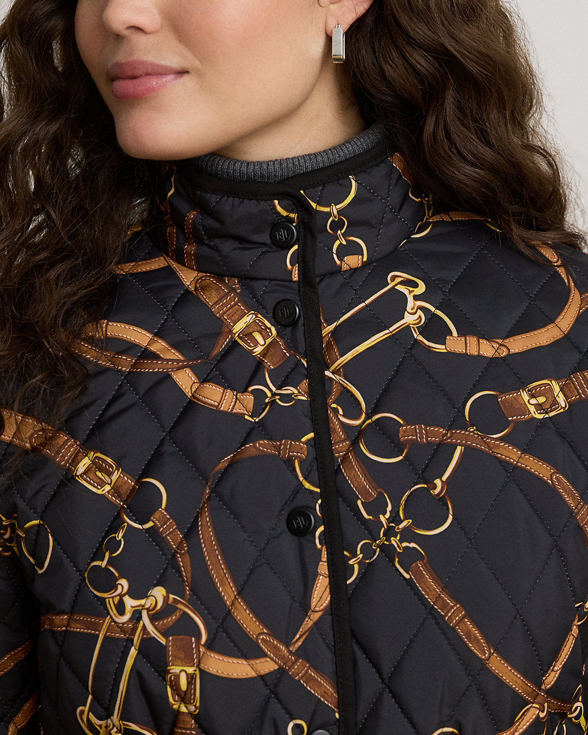 Belting-Print Quilted Mockneck Jacket