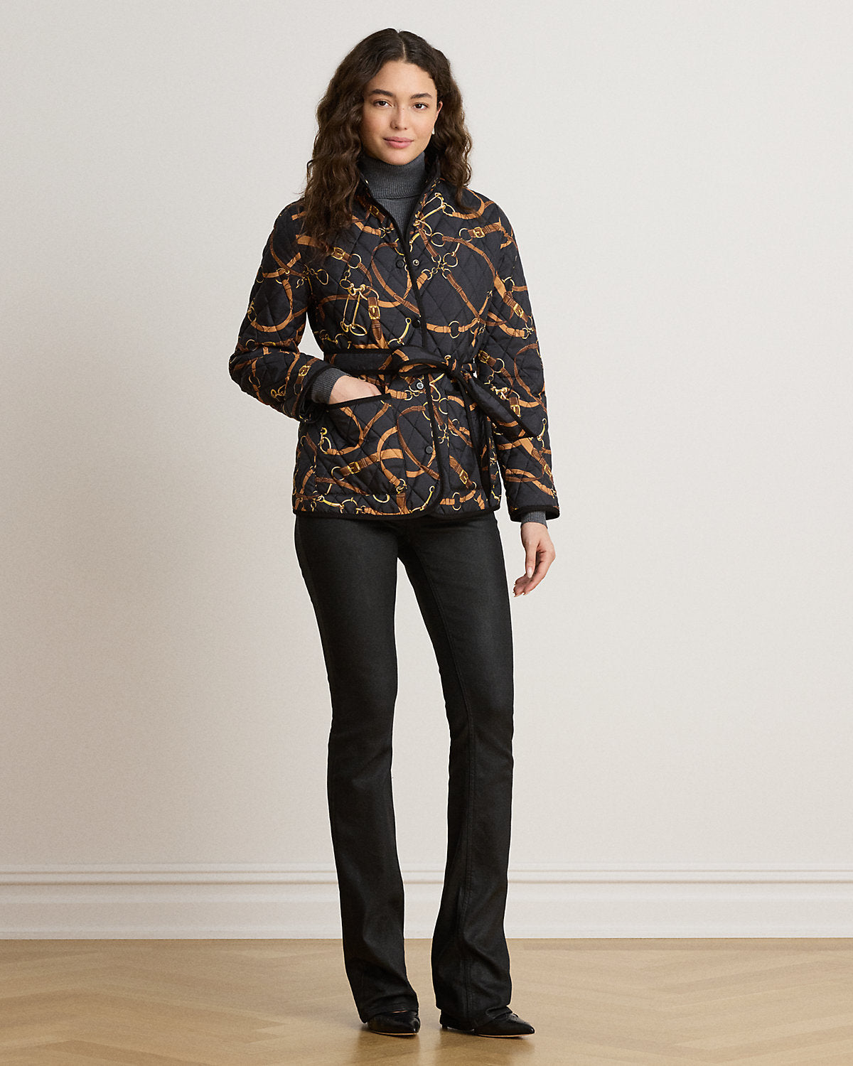 Belting-Print Quilted Mockneck Jacket