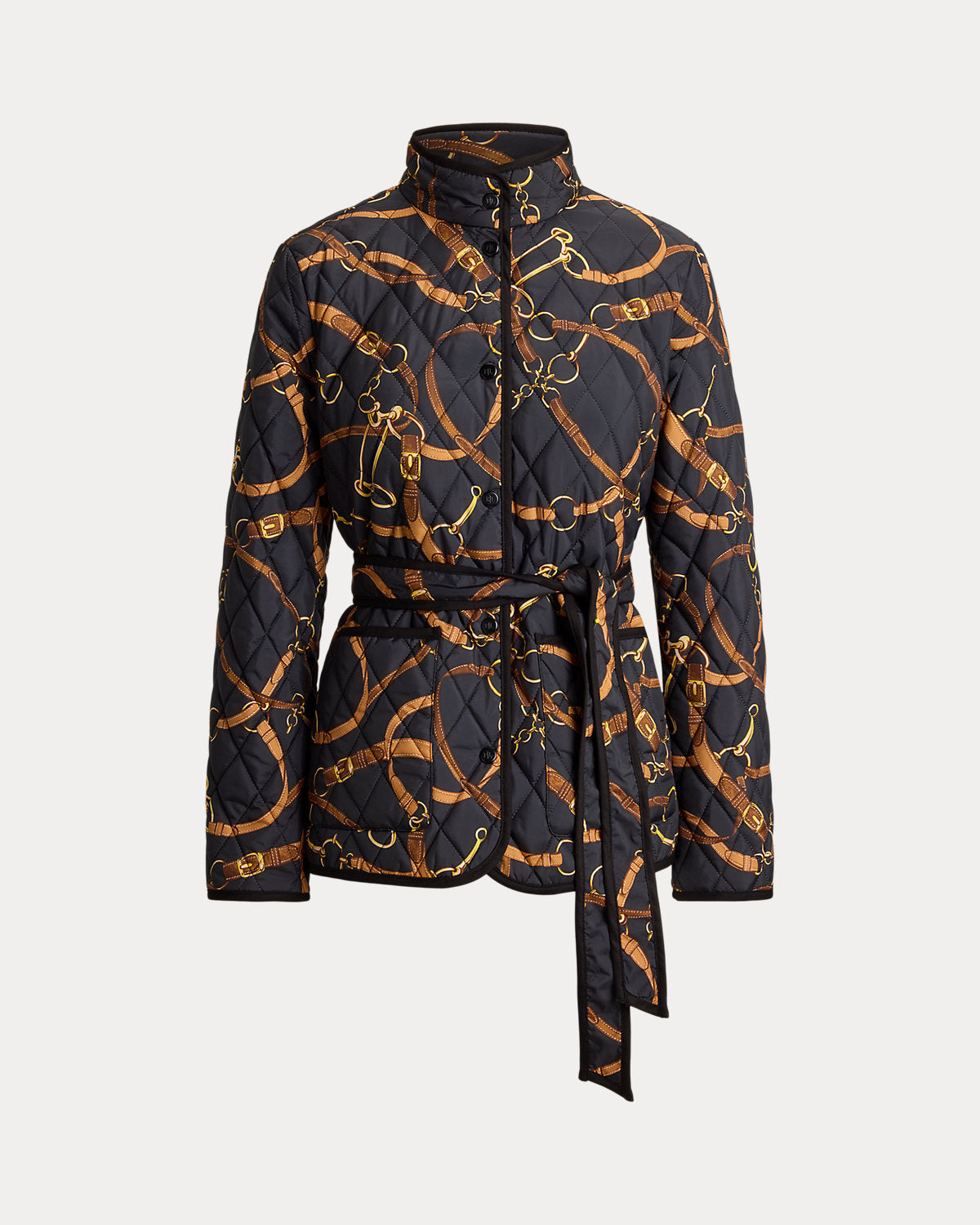 Belting-Print Quilted Mockneck Jacket