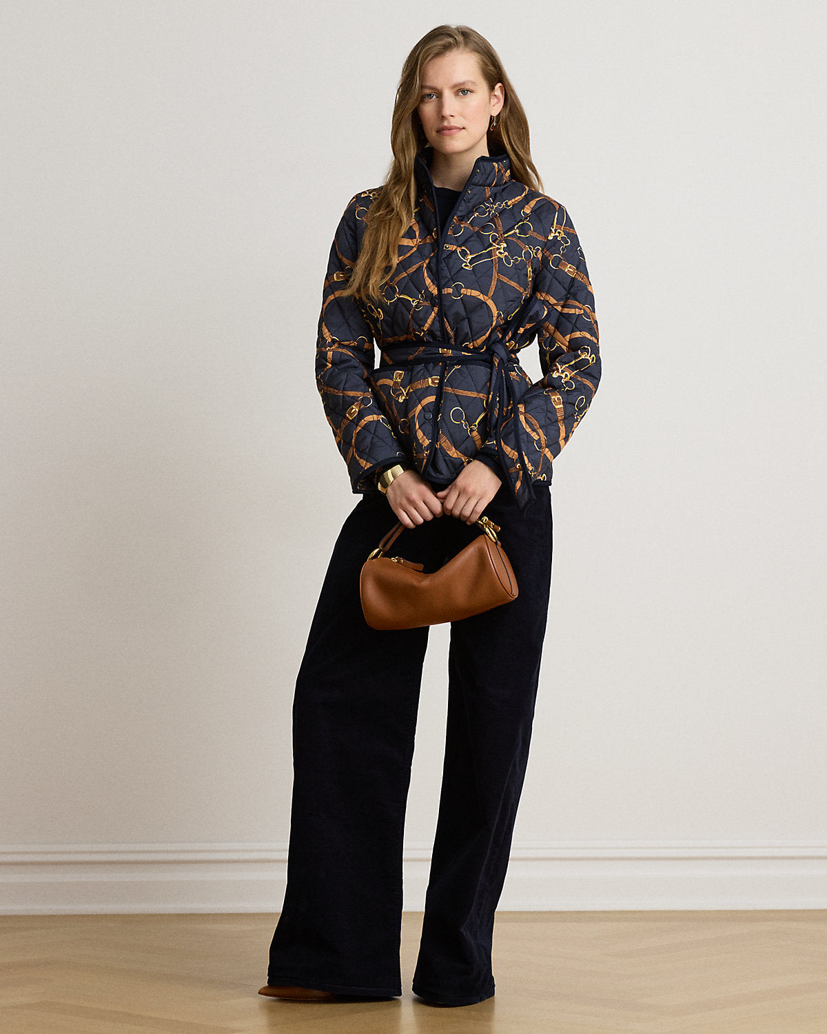 Belting-Print Quilted Mockneck Jacket