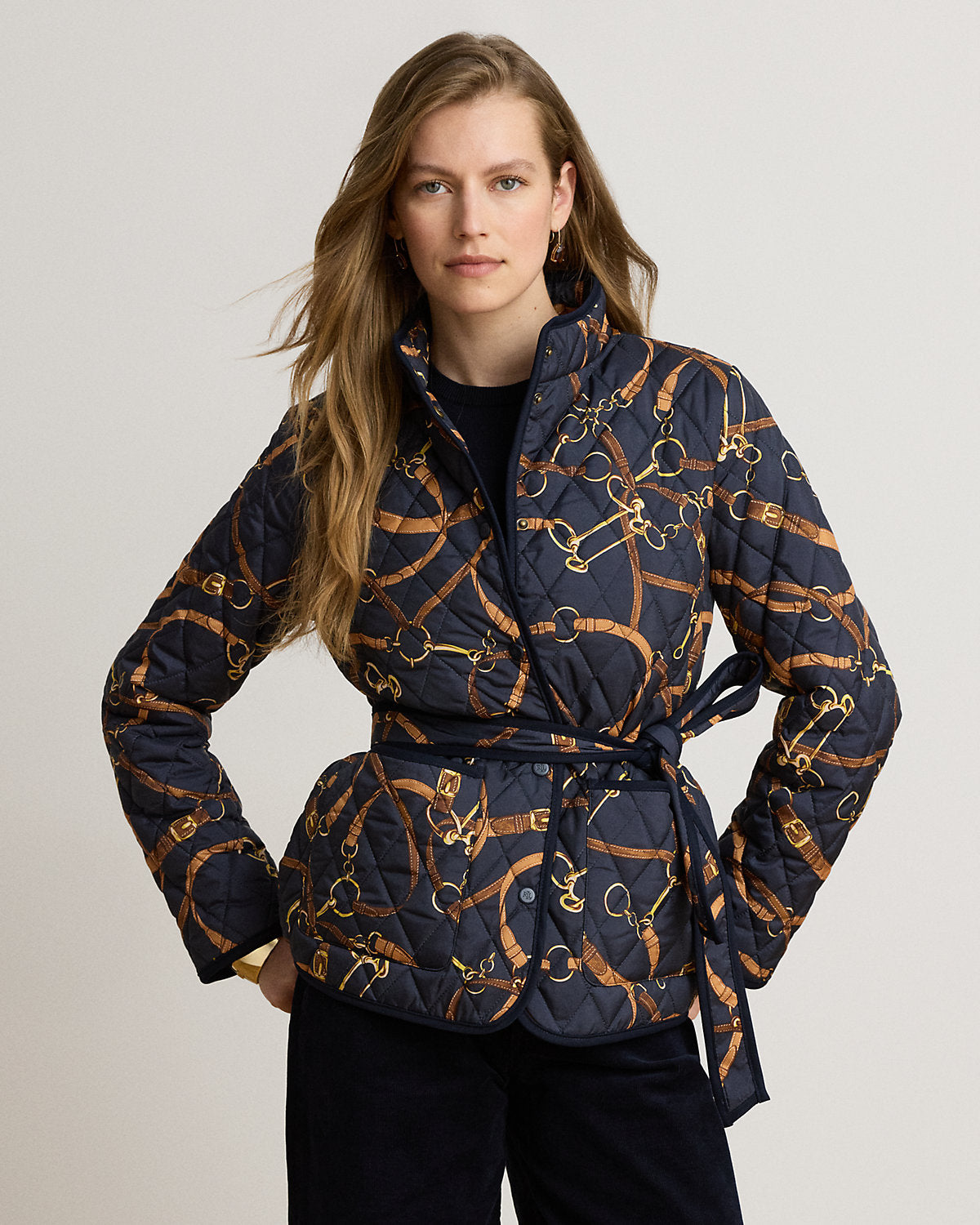 Belting-Print Quilted Mockneck Jacket
