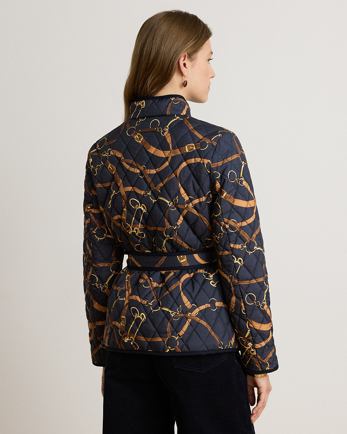 Belting-Print Quilted Mockneck Jacket