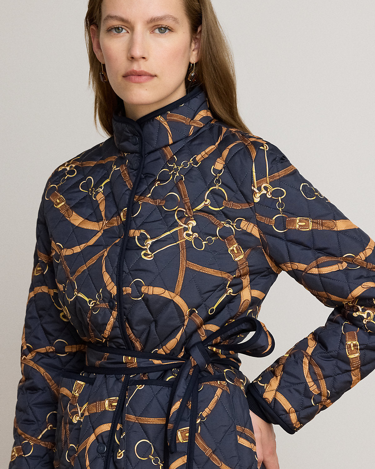 Belting-Print Quilted Mockneck Jacket