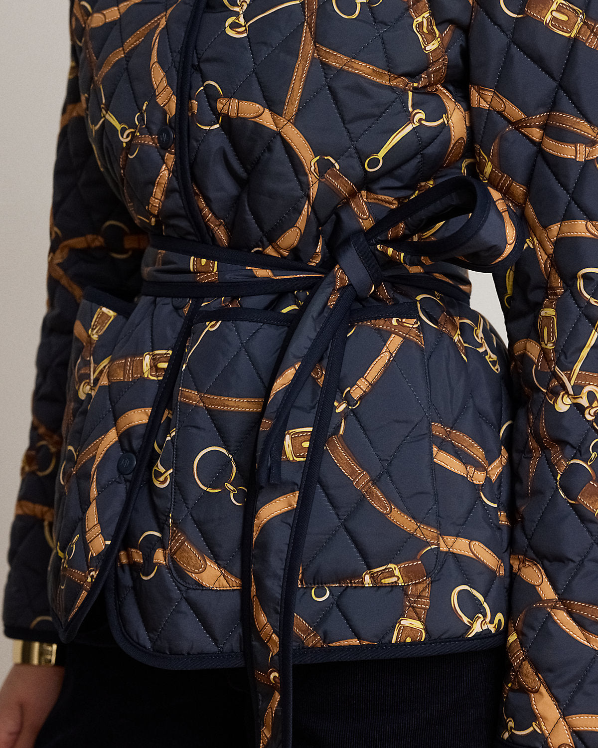Belting-Print Quilted Mockneck Jacket