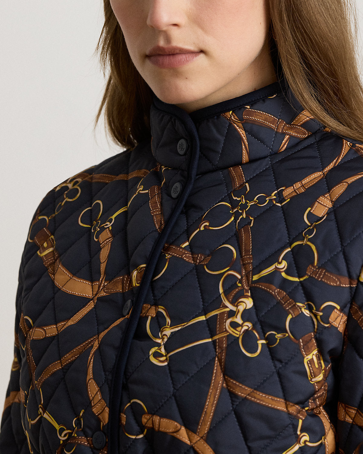 Belting-Print Quilted Mockneck Jacket