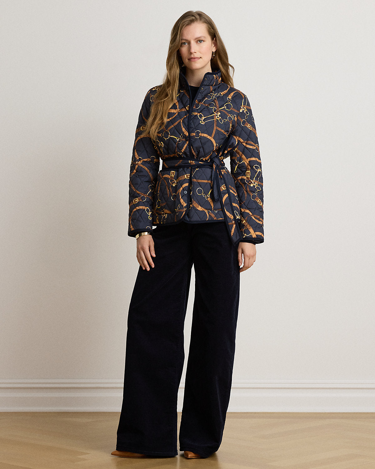Belting-Print Quilted Mockneck Jacket