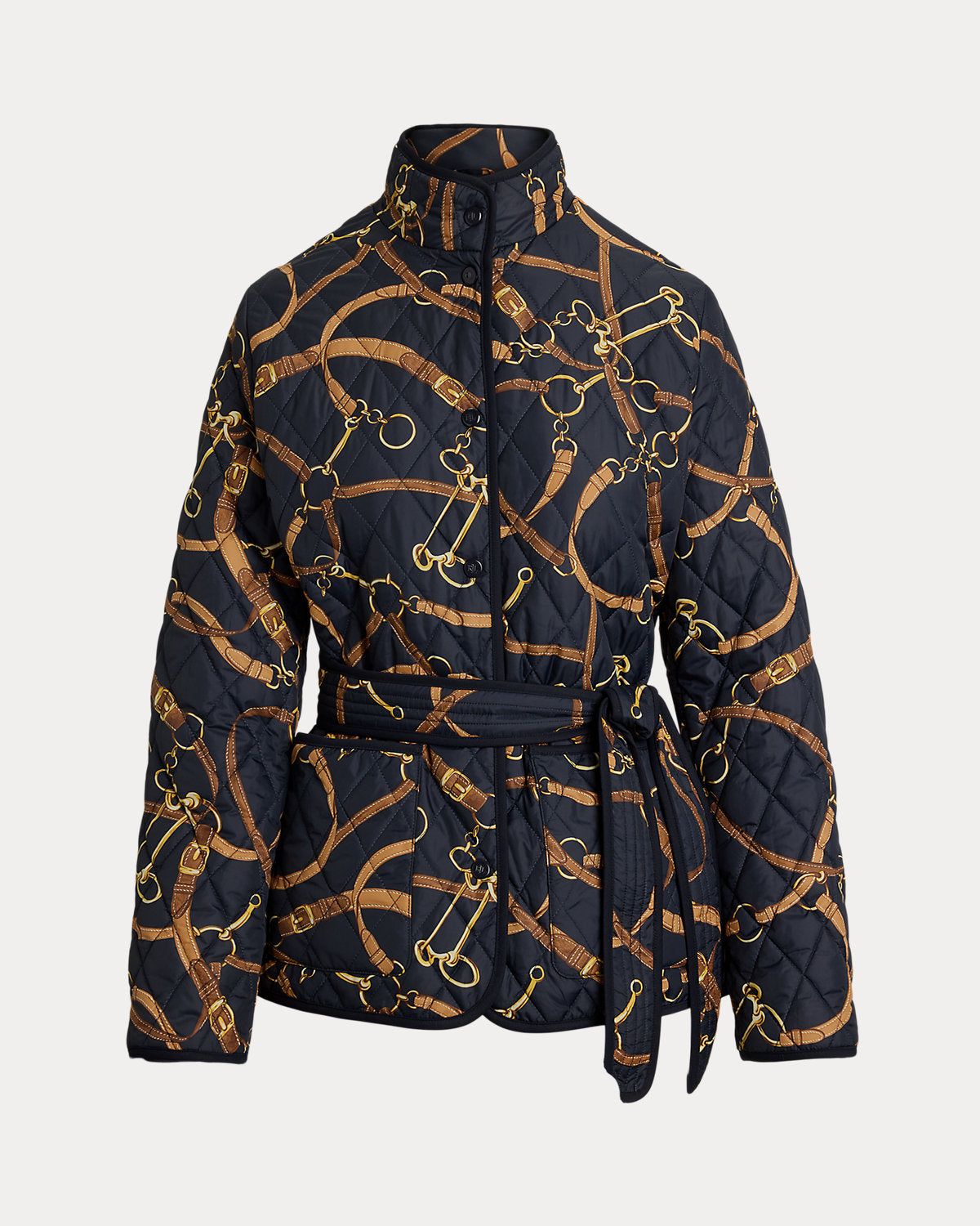 Belting-Print Quilted Mockneck Jacket