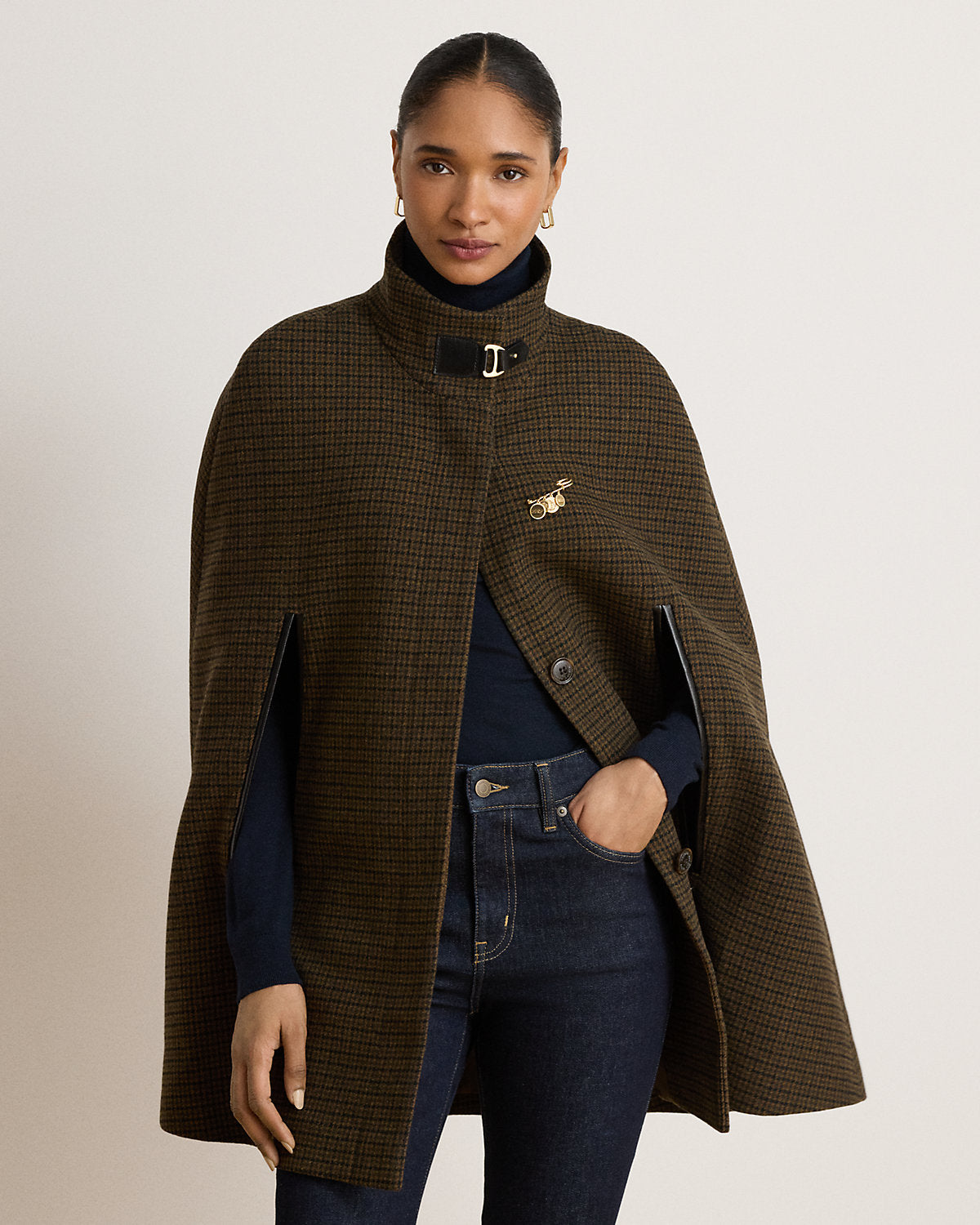 Houndstooth Buckle-Trim Mockneck Cape